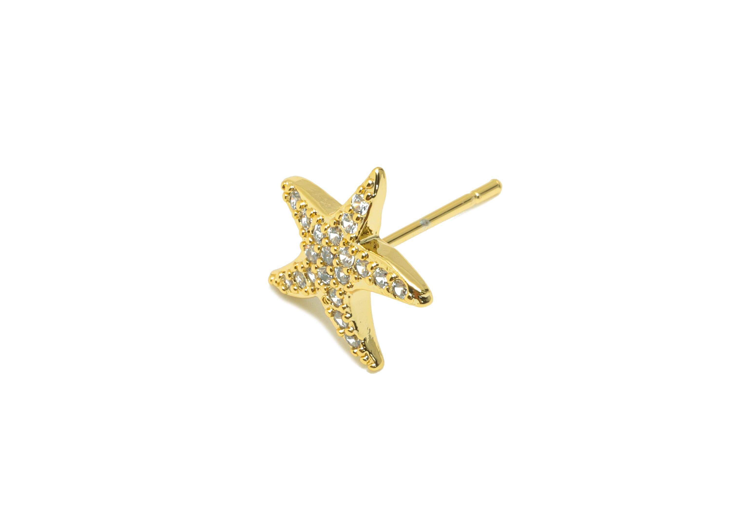 Gold Zircon Starfish Earring - Elegant Stud Ear - Brass Ideal Accessory for Beach Lovers - 18K Real Gold Plating - 13.3x10.3x2.15mm- RGP8869 - DOMEDBAZAAR