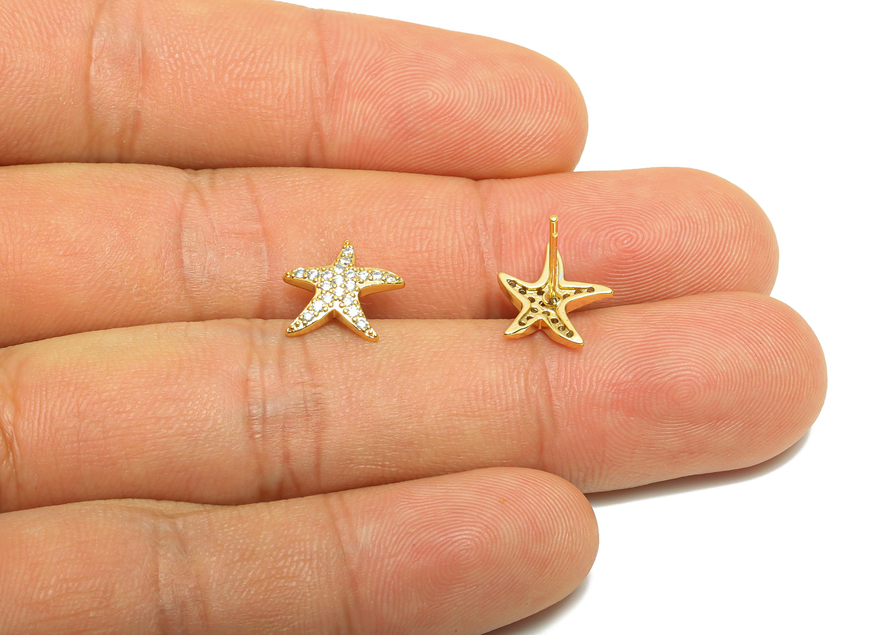 Gold Zircon Starfish Earring - Elegant Stud Ear - Brass Ideal Accessory for Beach Lovers - 18K Real Gold Plating - 13.3x10.3x2.15mm- RGP8869 - DOMEDBAZAAR