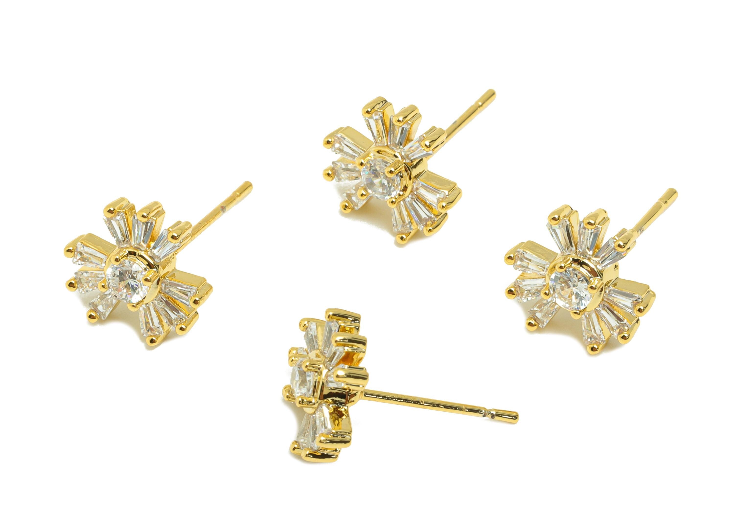 Gold Flower Earring Post - Earring with Baguette and Round-Cut Zircon - Brass Daily Wear Ear - 18K Real Gold Plated -15.32x9.5x3.6mm-RGP8872 - DOMEDBAZAAR