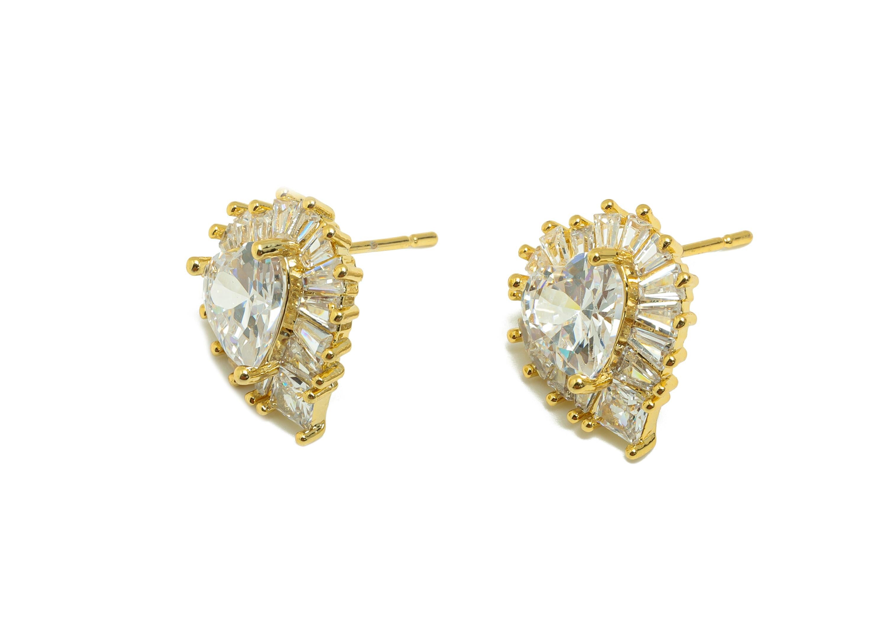 Brass Heart Zircon Earring - Gold Romantic Earring Post for Women - Valentine's Day Earring - 18K Real Gold Plated - 16.5x14x5.04mm -RGP8873 - DOMEDBAZAAR