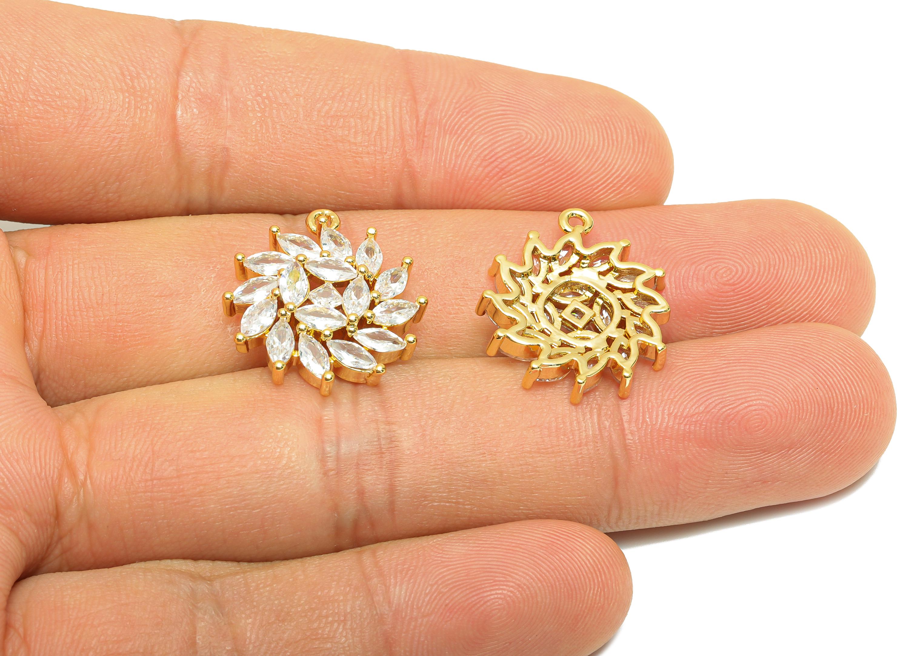 Gold Floral Pendant - Brass Round Charm with Marquise-Cut Zircon - Spiral Jewelry Necklace - 18K Real Gold Plating - 20x18.2x4.5mm - RGP8874 - DOMEDBAZAAR