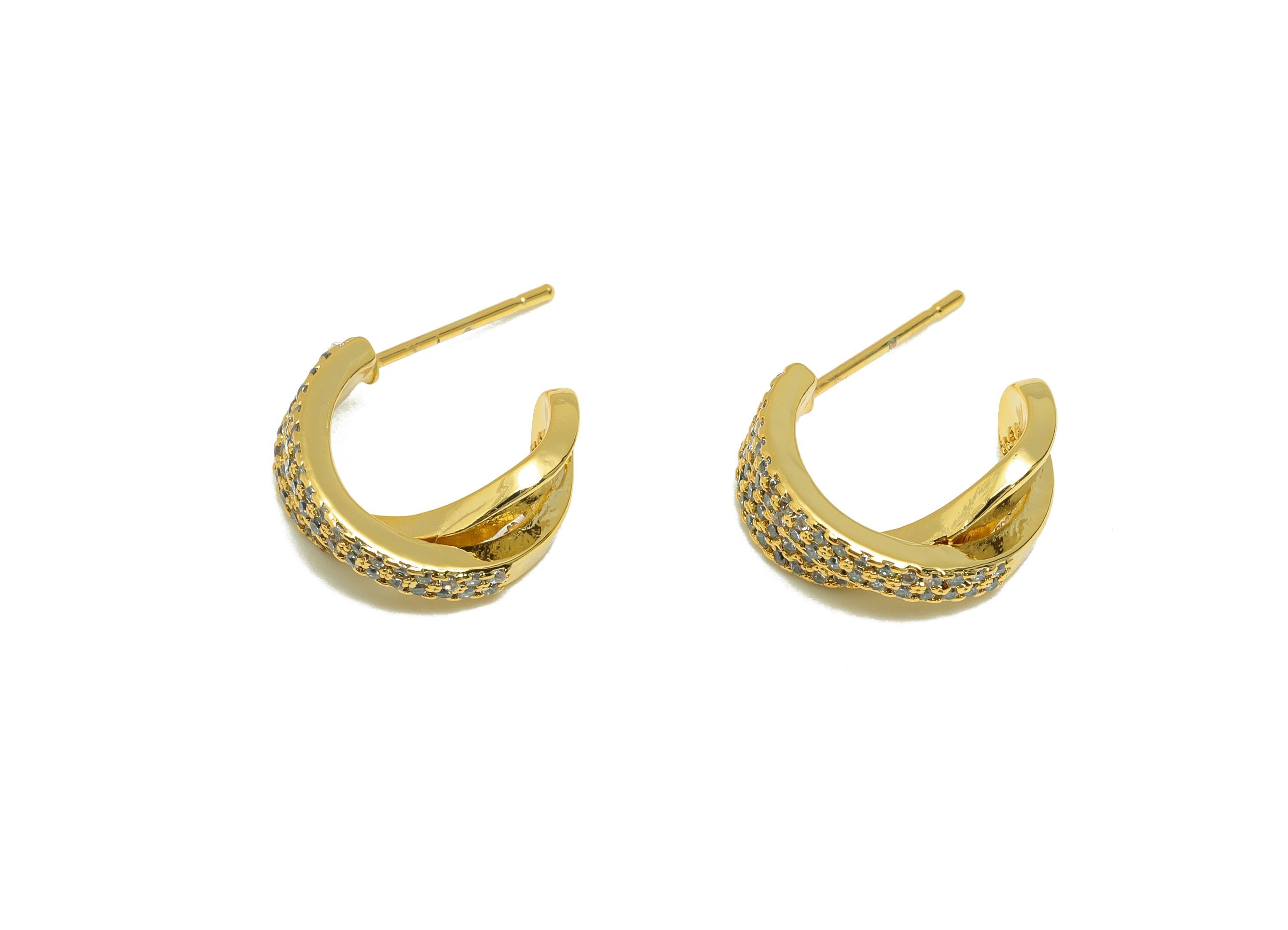 Brass Twisted Hoop Earrings - Gold Cross Earring Post with Zircon - Chunky C Hoop Earrings - 18K Real Gold Plating -20x14.5x6.14mm - RGP8876 - DOMEDBAZAAR