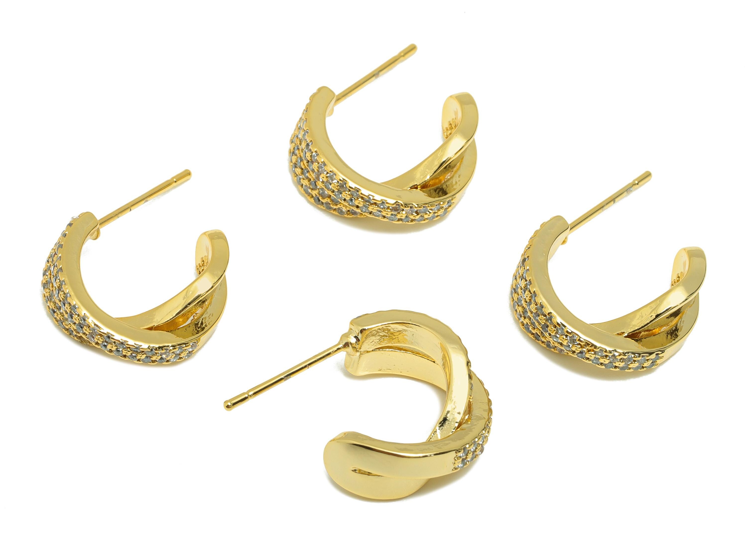 Brass Twisted Hoop Earrings - Gold Cross Earring Post with Zircon - Chunky C Hoop Earrings - 18K Real Gold Plating -20x14.5x6.14mm - RGP8876 - DOMEDBAZAAR