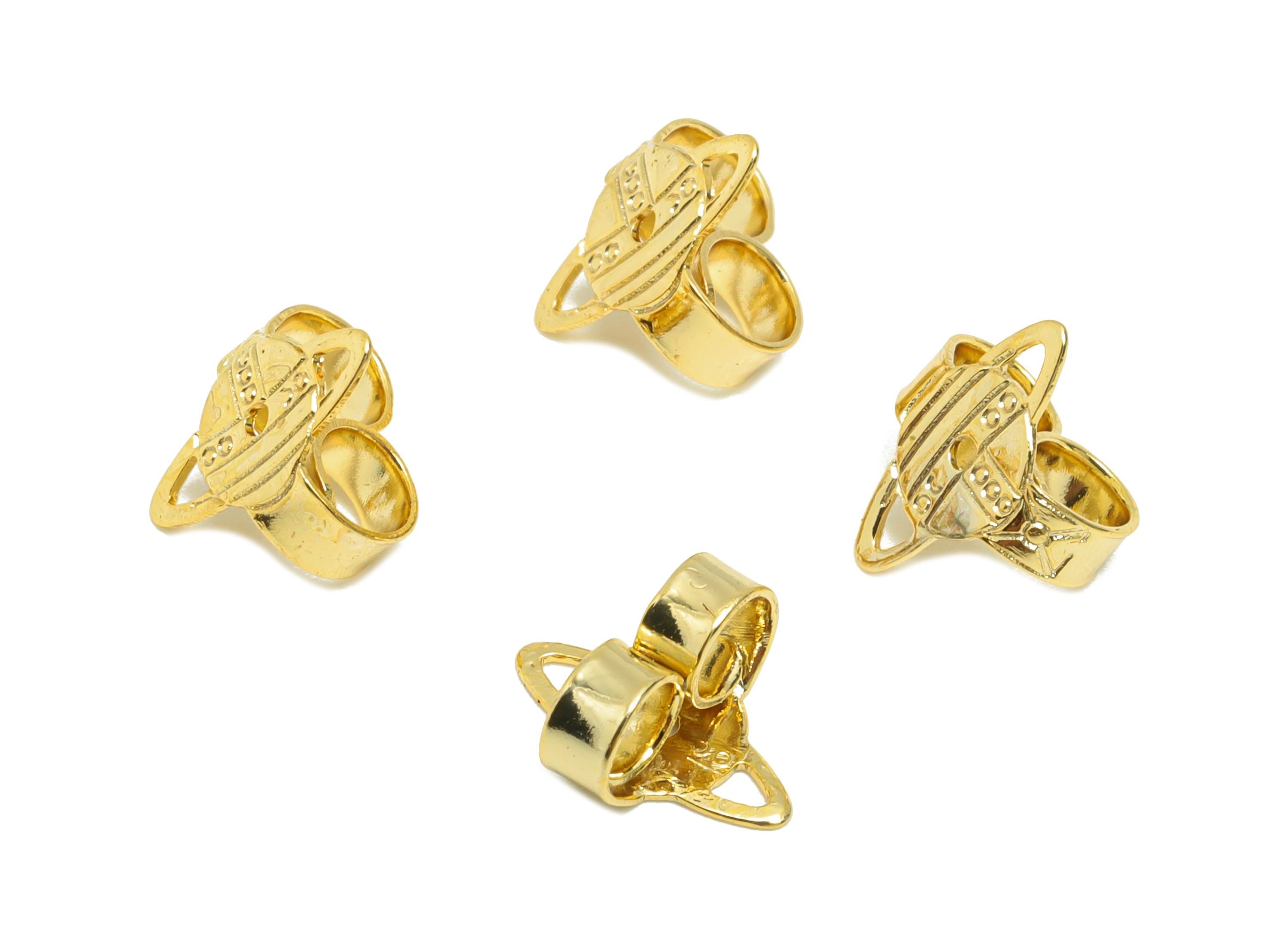 Brass Planet Earring Stopper - Gold Secure Earring Backs - Celestial Used as Ear Finding - 18K Real Gold Plating - 8.7x7.45x4.5mm - RGP8889 - DOMEDBAZAAR