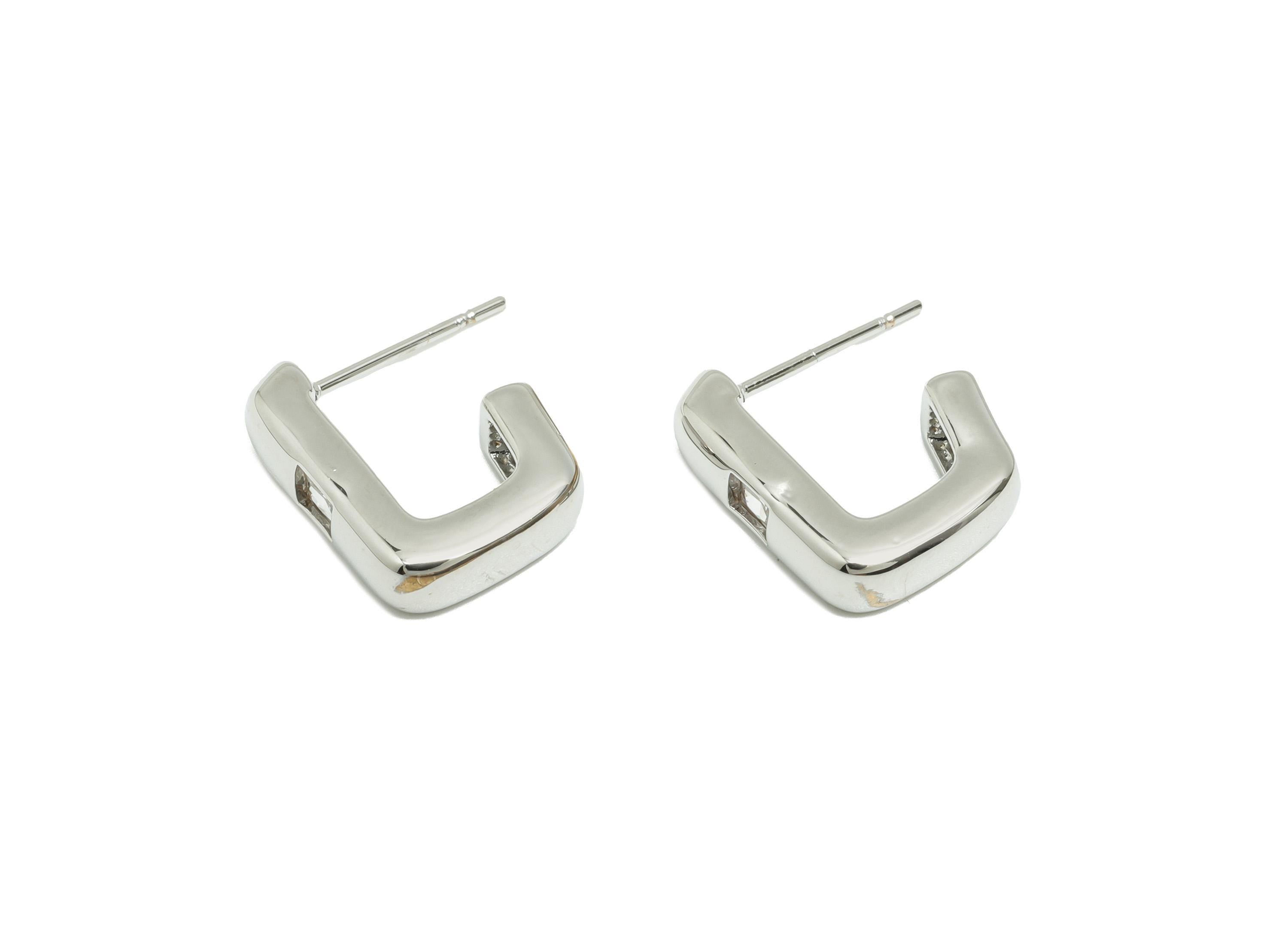 Brass Hoop Earring Stud - Zircon Square Hoop Post - Brass Geometric Chunky Earring - 18k Real White Gold Plated - 14.6x12.47x4mm - RGP10243 - DOMEDBAZAAR