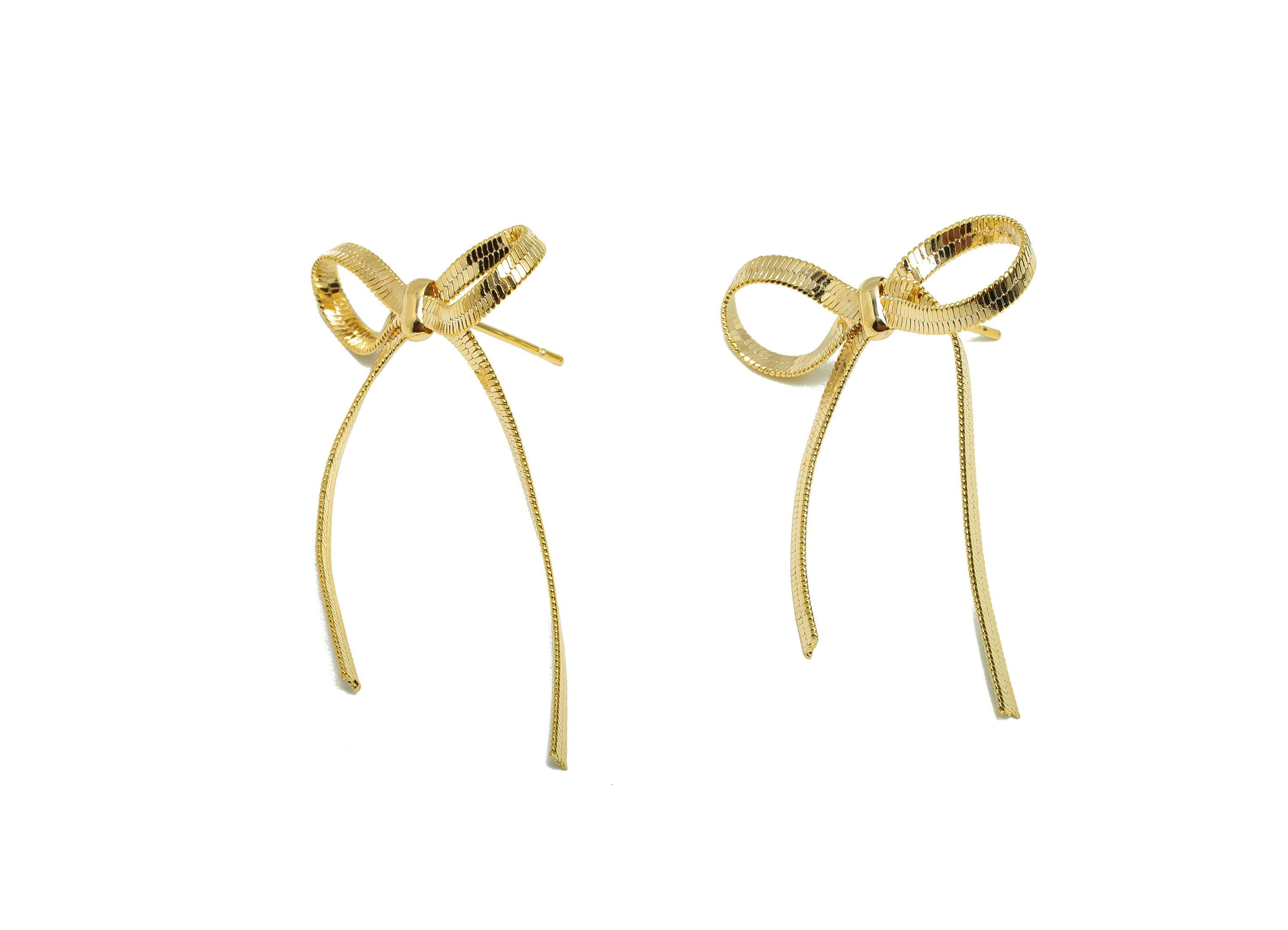 Brass Bow Earring Stud - Brass Chain Bow Earring Post - Brass Ribbon Earring Post - 18k Real Gold Plating - 38x25x3.4mm - RGP10126 - DOMEDBAZAAR