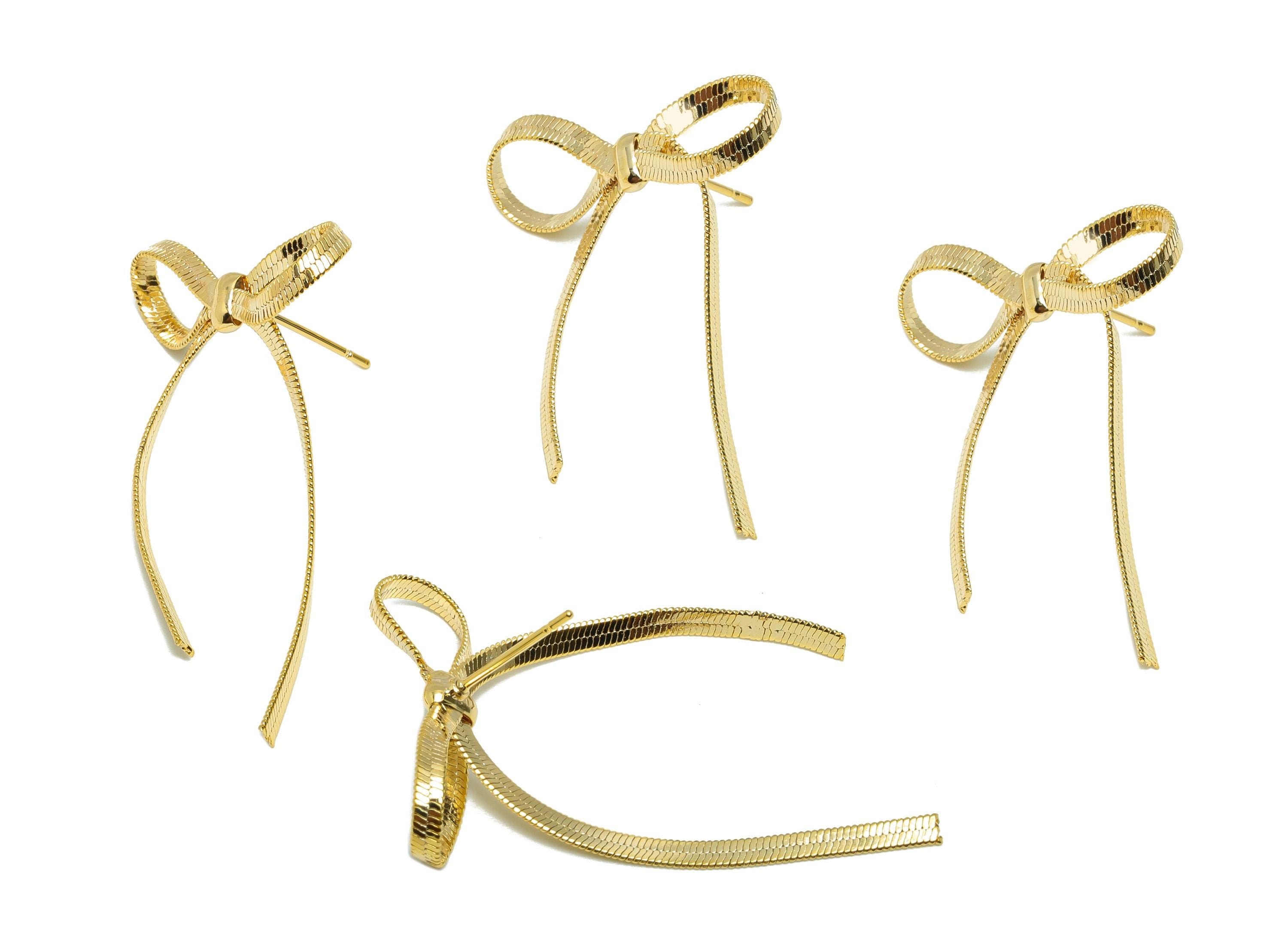Brass Bow Earring Stud - Brass Chain Bow Earring Post - Brass Ribbon Earring Post - 18k Real Gold Plating - 38x25x3.4mm - RGP10126 - DOMEDBAZAAR