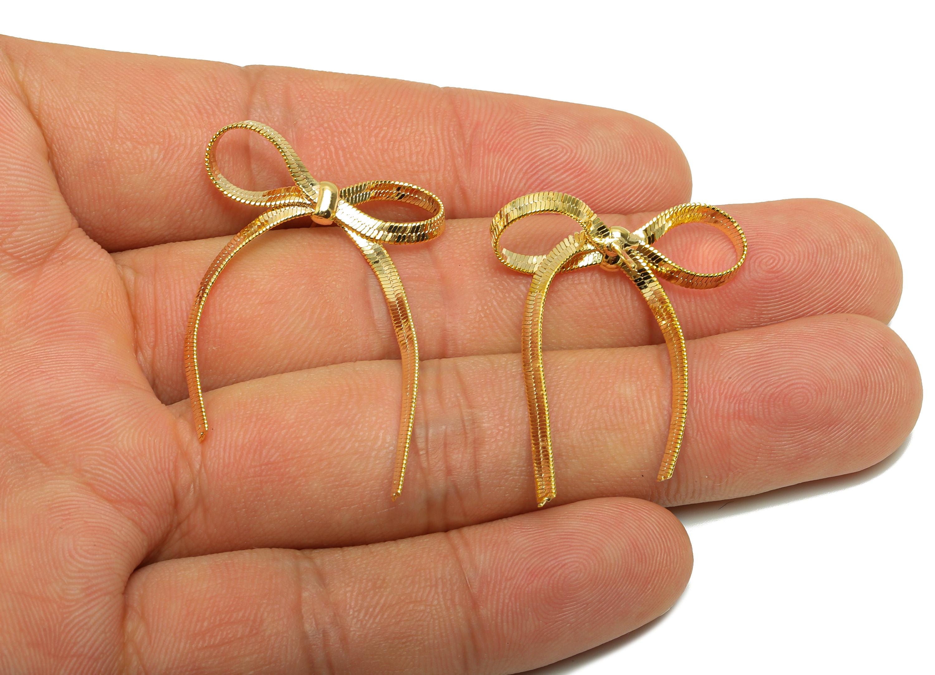 Brass Bow Earring Stud - Brass Chain Bow Earring Post - Brass Ribbon Earring Post - 18k Real Gold Plating - 38x25x3.4mm - RGP10126 - DOMEDBAZAAR