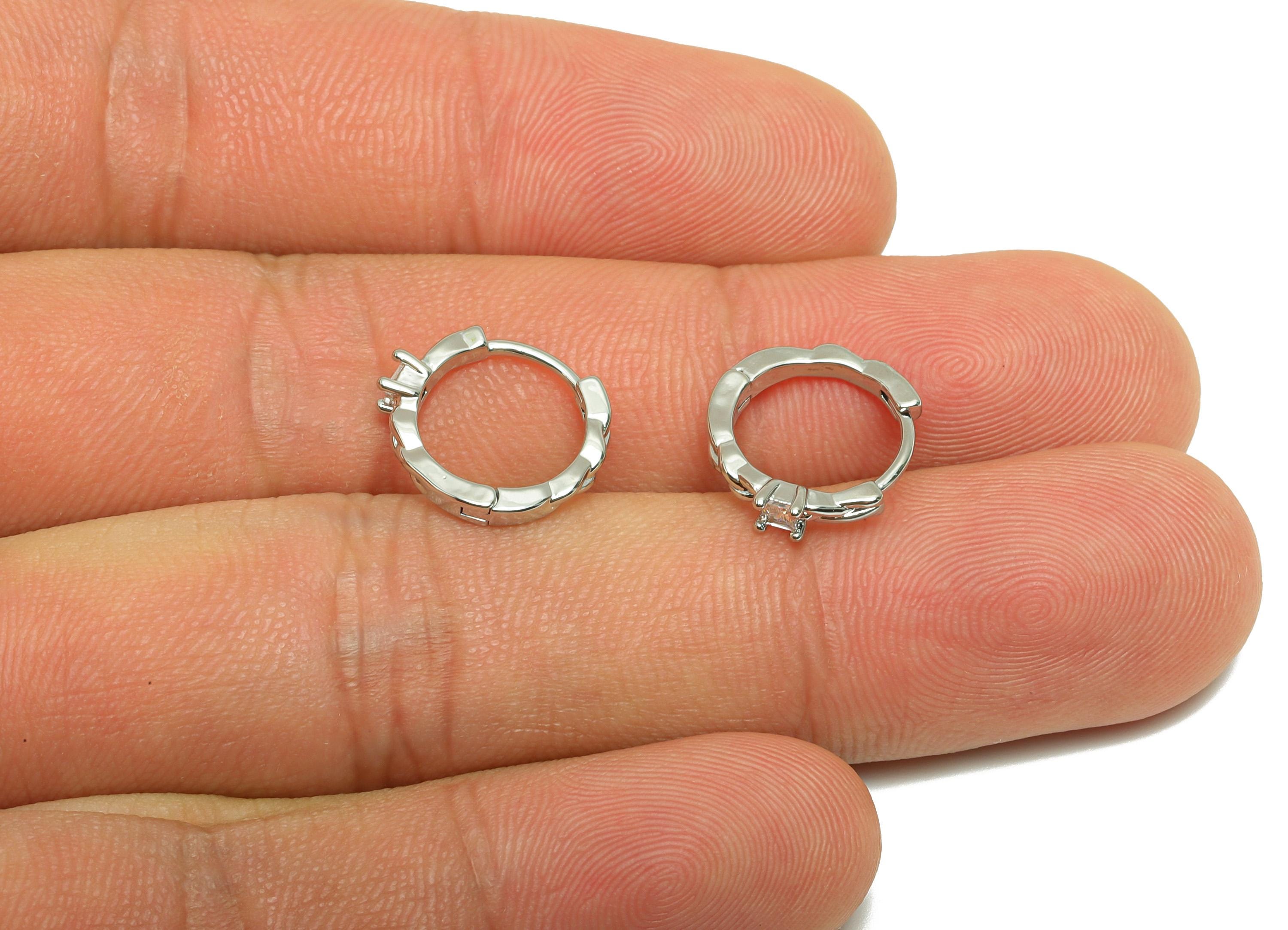 Brass CZ Hoop Earring - Brass Zircon Minimalist Huggie Earring - Elegant Hoop Earring - 18k Real White Gold Plating - 13x12x2.8mm - RGP10245 - DOMEDBAZAAR