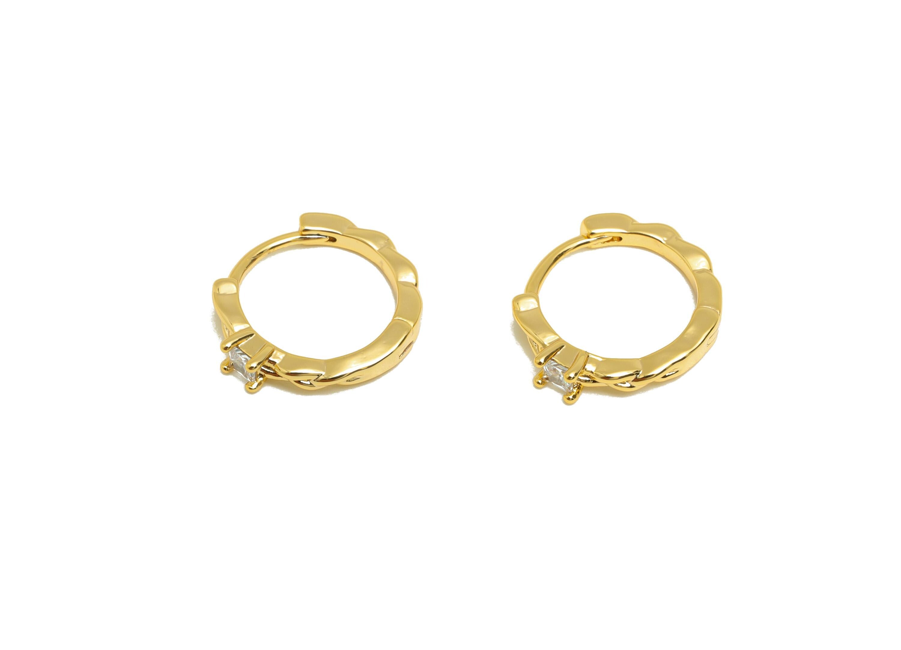 Brass CZ Hoop Earring - Brass Zircon Minimalist Huggie Earring - Twisted Gold Huggie Earring - 18k Real Gold Plating - 13x12x2mm - RGP10244 - DOMEDBAZAAR