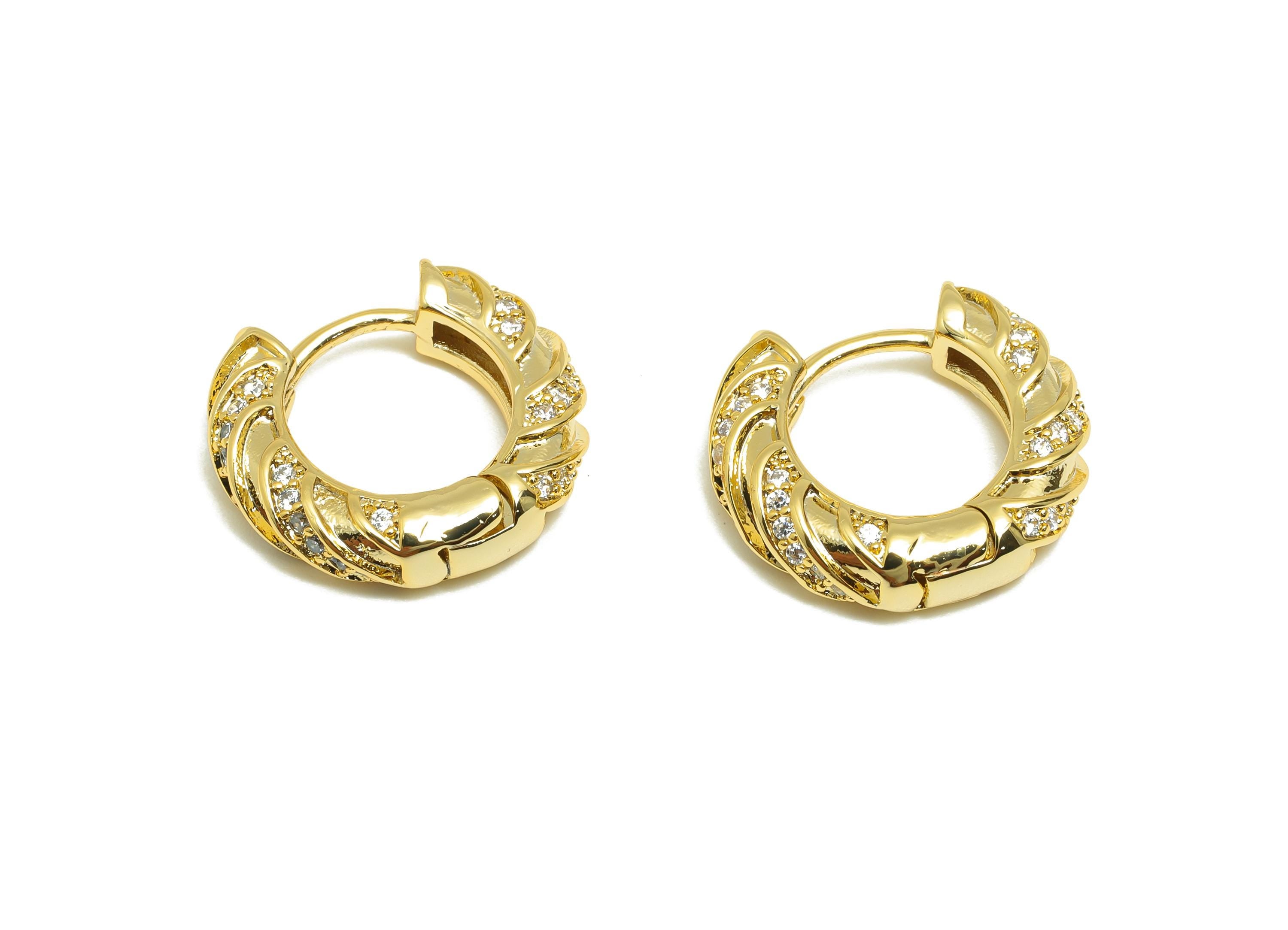 Brass Round Huggie Earring - Gold Zircon Earring for Girls - Textured Daily Wear Hoop Ear - 18K Real Gold Plated -17.36x16.05x4.3mm- RGP9125 - DOMEDBAZAAR