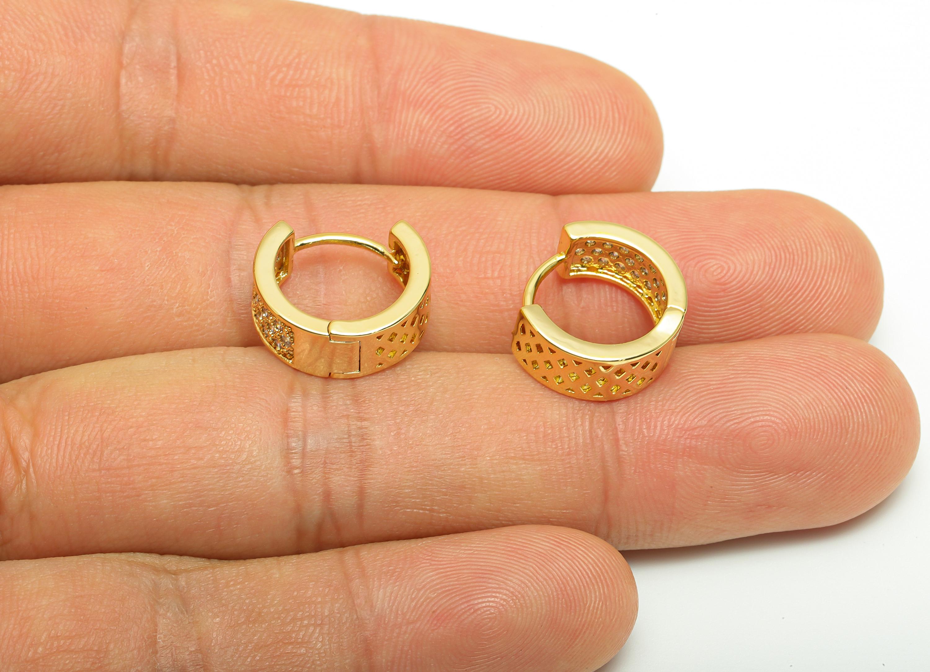Brass Zircon Hoop Earring - Gold Think Huggie Earring for Girls - Mesh Daily Wear Earring - 18K Real Gold Plated - 14.02x13.7x5.9mm- RGP8899 - DOMEDBAZAAR