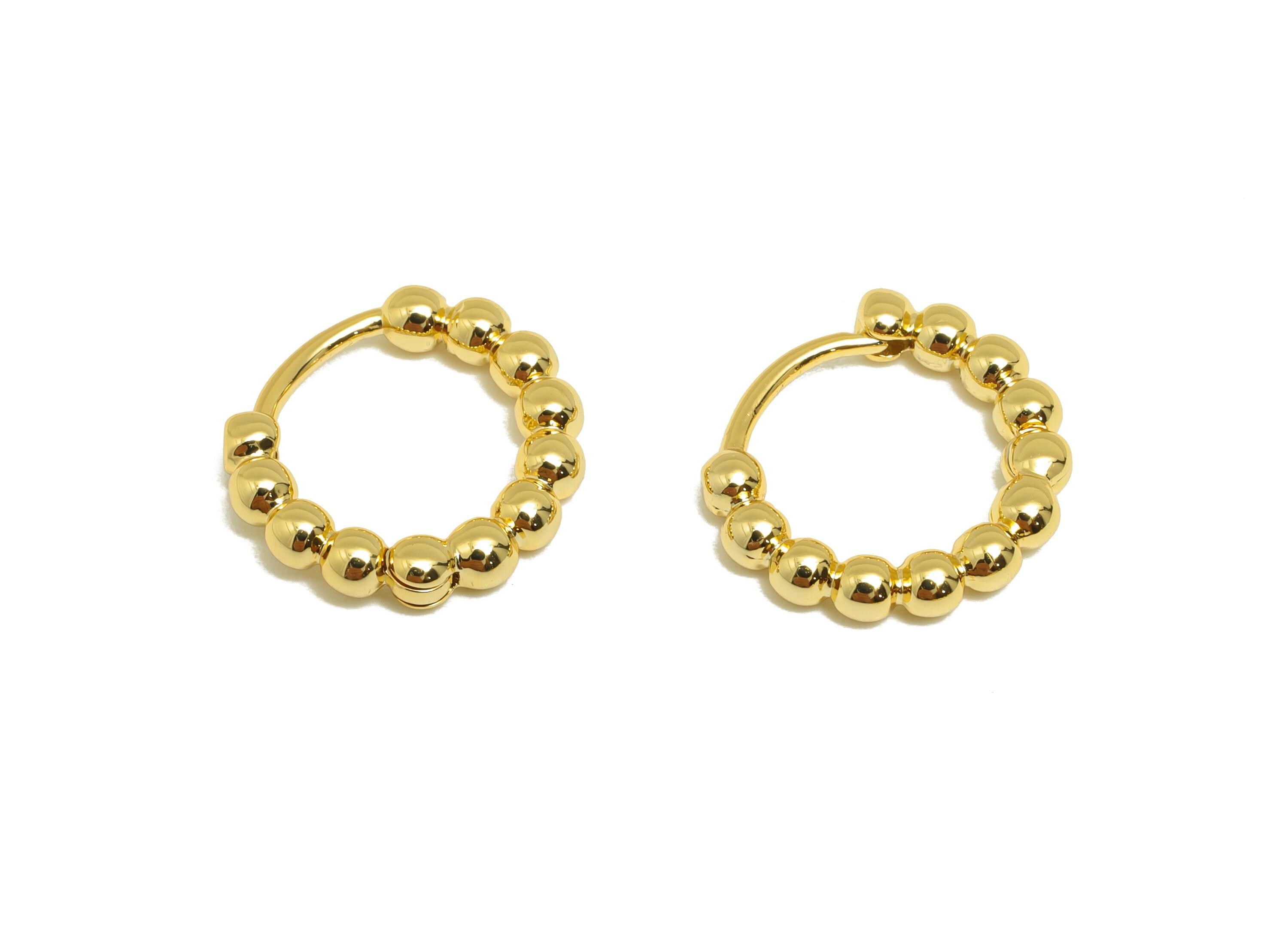 Brass Beads Hoop Earring - Gold Ball Huggie Earring for Girl's - Circle Daily Wear Hoop Ear - 18K Real Gold Plated - 14x12.8x2.5mm - RGP8901 - DOMEDBAZAAR