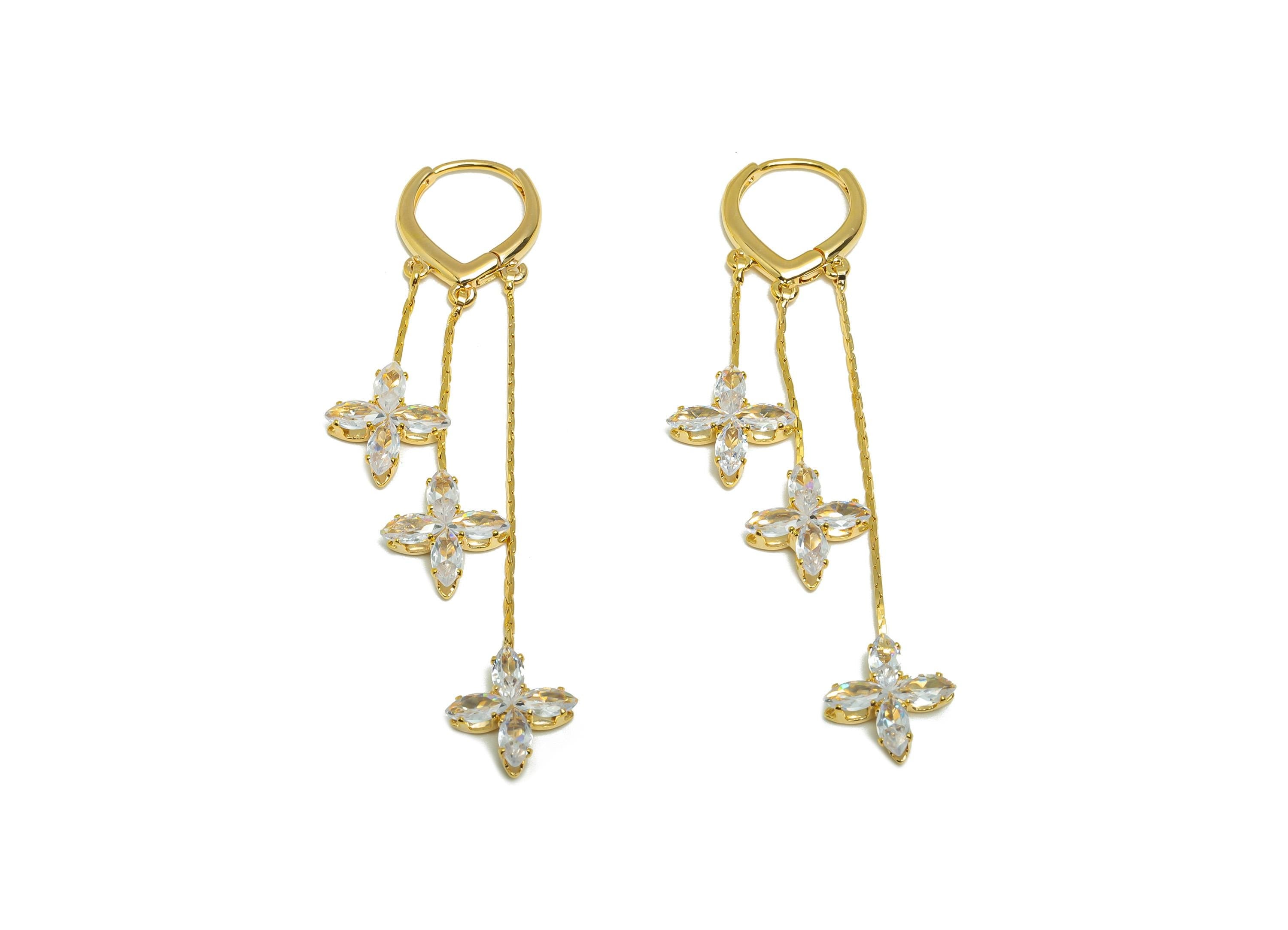 Brass Floral Drop Earring - Brass Zircon Dangle Huggie Earring -Gold Dangle Earring with Flowers - 18k Real Gold Plated - 68x13x3mm-RGP10234 - DOMEDBAZAAR