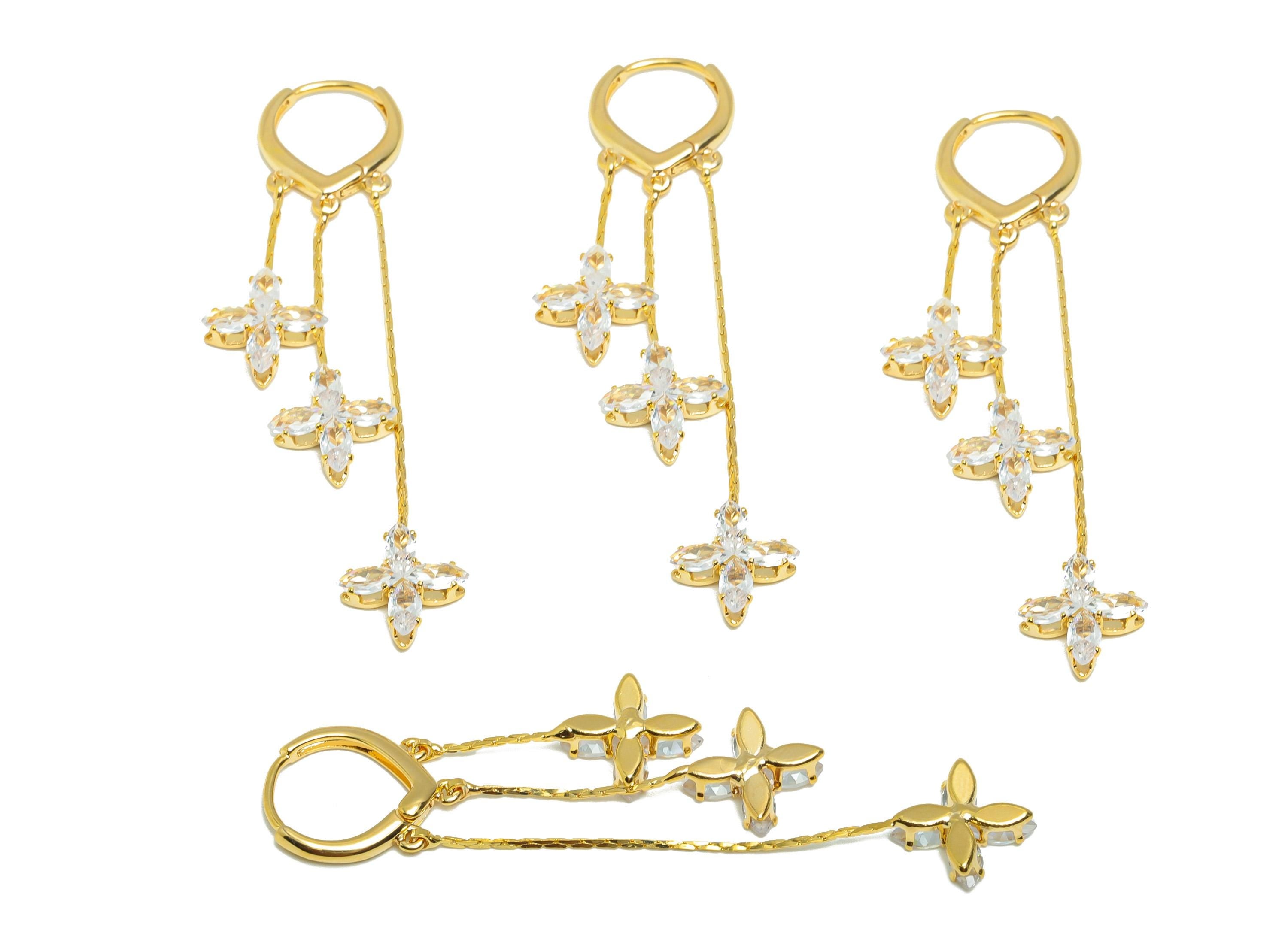 Brass Floral Drop Earring - Brass Zircon Dangle Huggie Earring -Gold Dangle Earring with Flowers - 18k Real Gold Plated - 68x13x3mm-RGP10234 - DOMEDBAZAAR