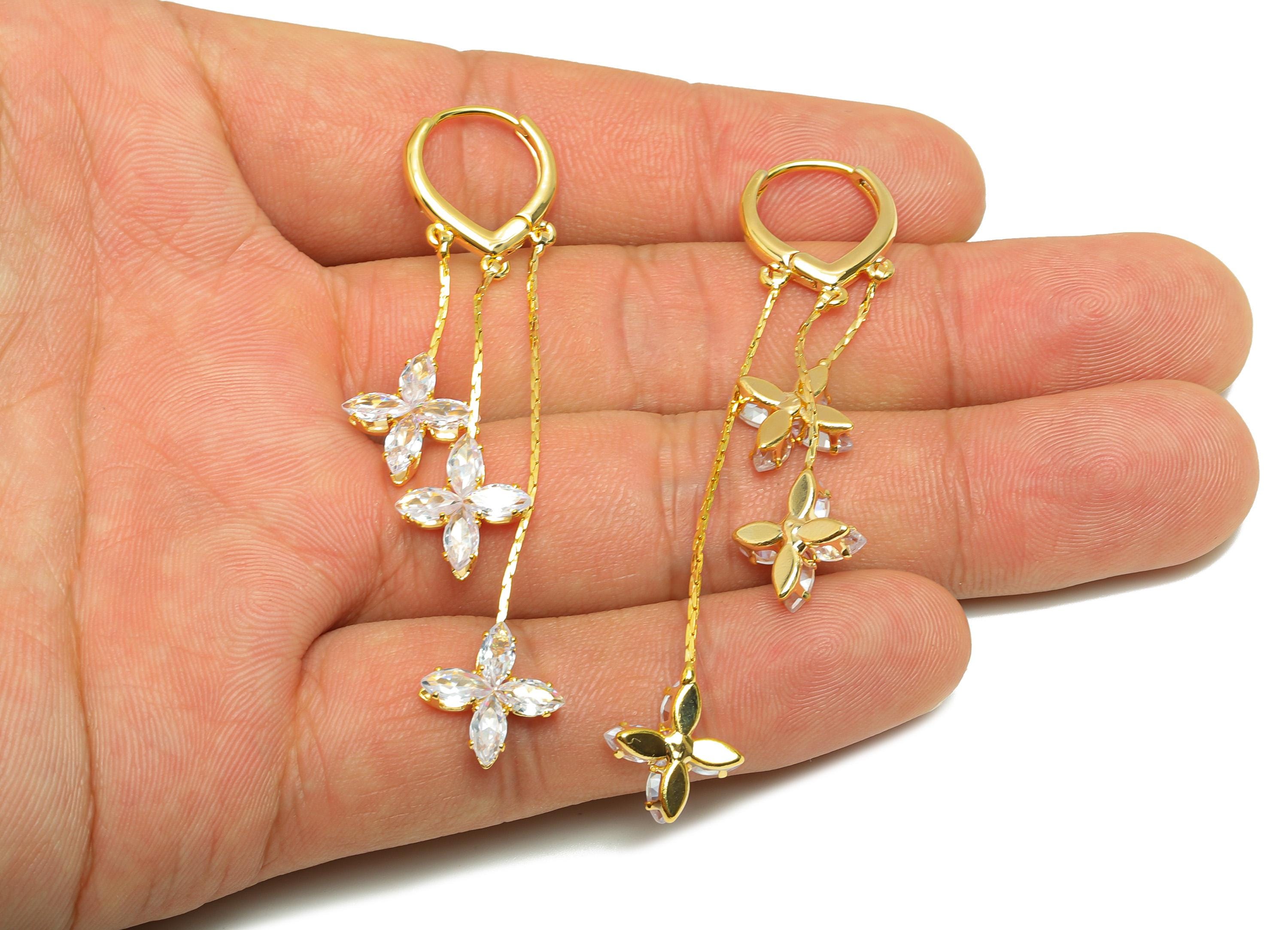 Brass Floral Drop Earring - Brass Zircon Dangle Huggie Earring -Gold Dangle Earring with Flowers - 18k Real Gold Plated - 68x13x3mm-RGP10234 - DOMEDBAZAAR