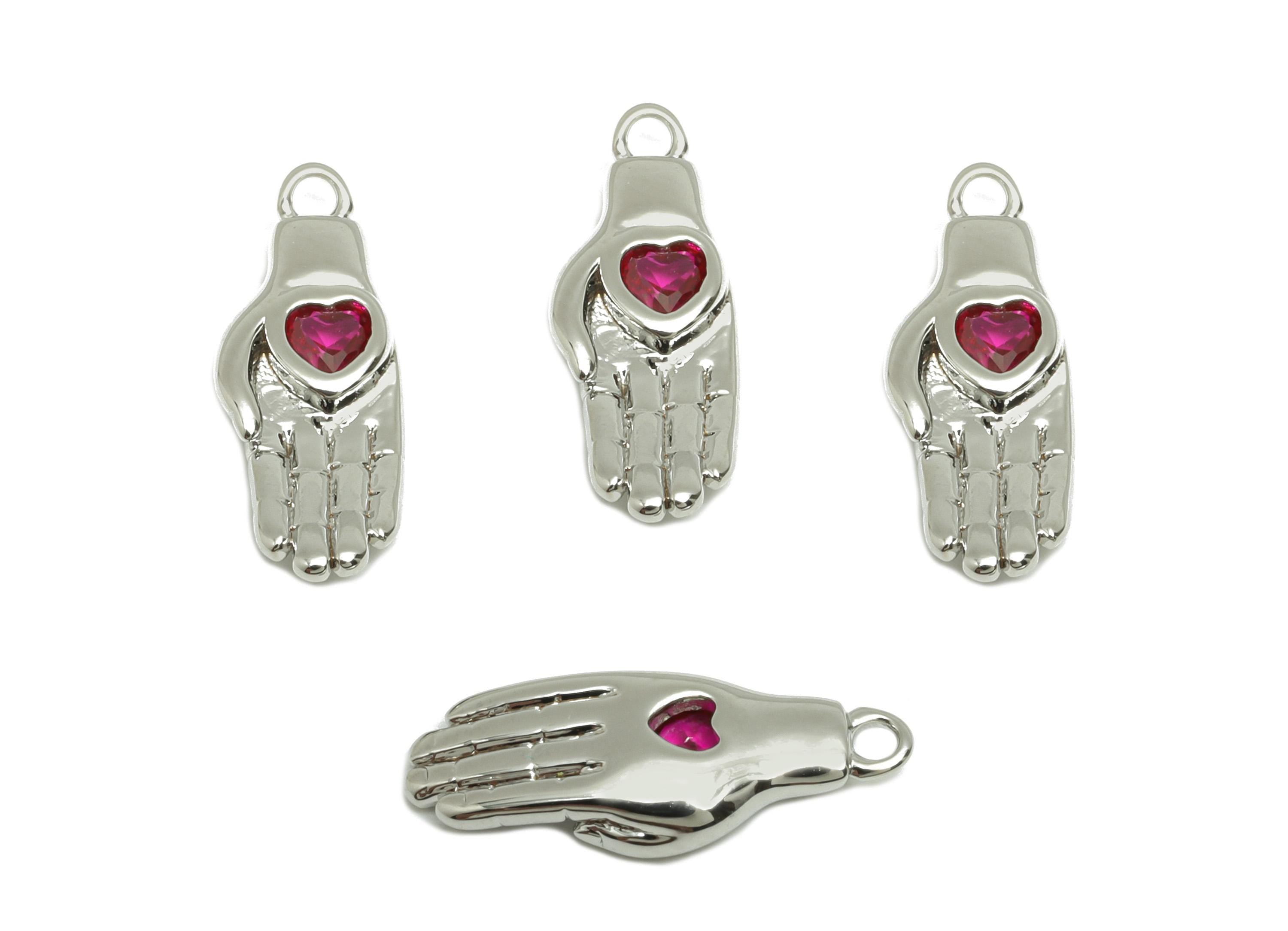 Hand Pendant with Heart - Brass Zircon Gem Earring - Modern Love and Protection Pendant - 18k Real White Gold Plated - 16x6x6mm - RGP10230 - DOMEDBAZAAR