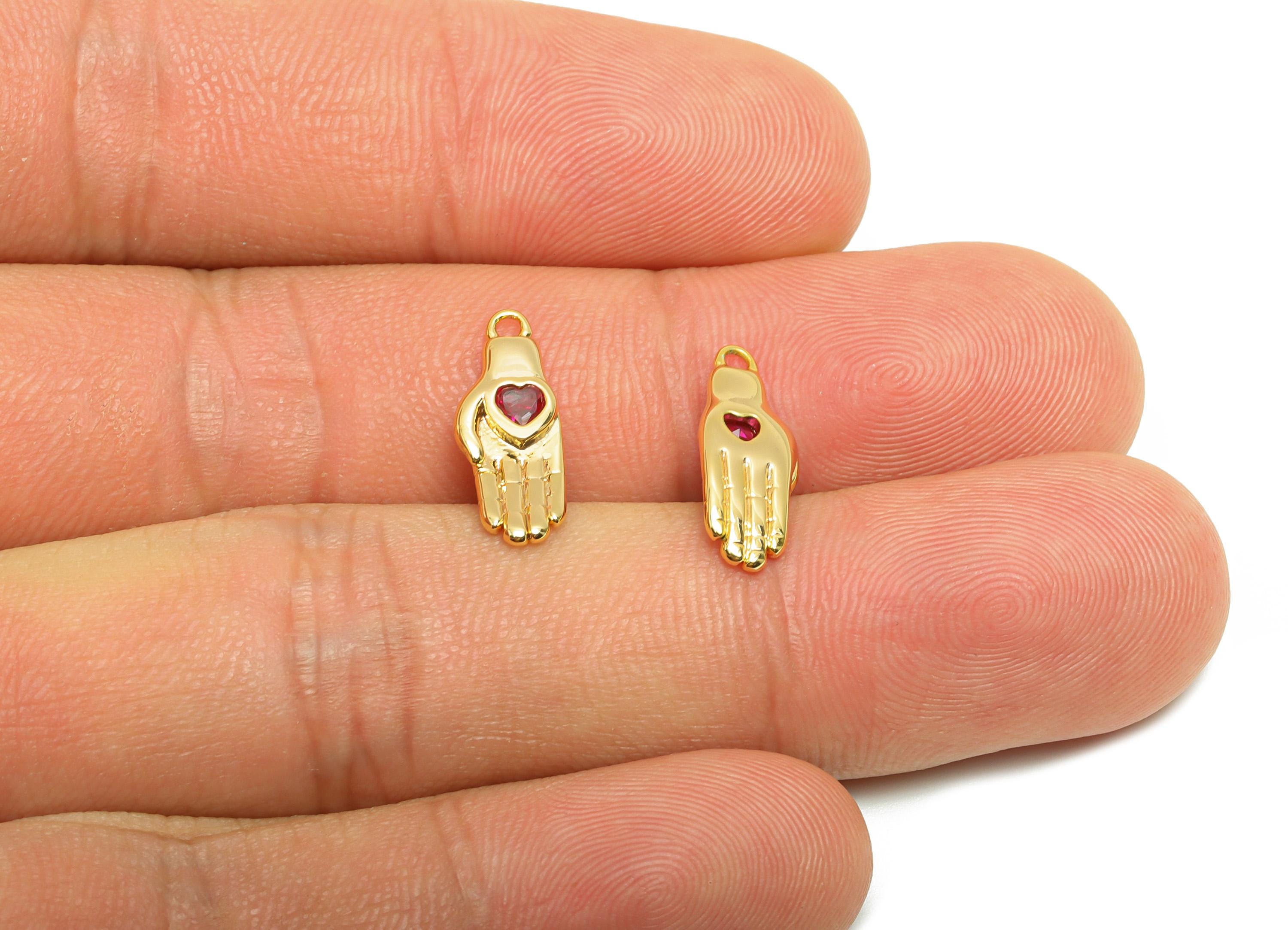 Brass Symbol of Love Earring - Brass Zircon Hand Pink Heart Gem Earring - Love Pendant - 18k Real Gold Plated - 16x6x6mm - RGP10229 - DOMEDBAZAAR