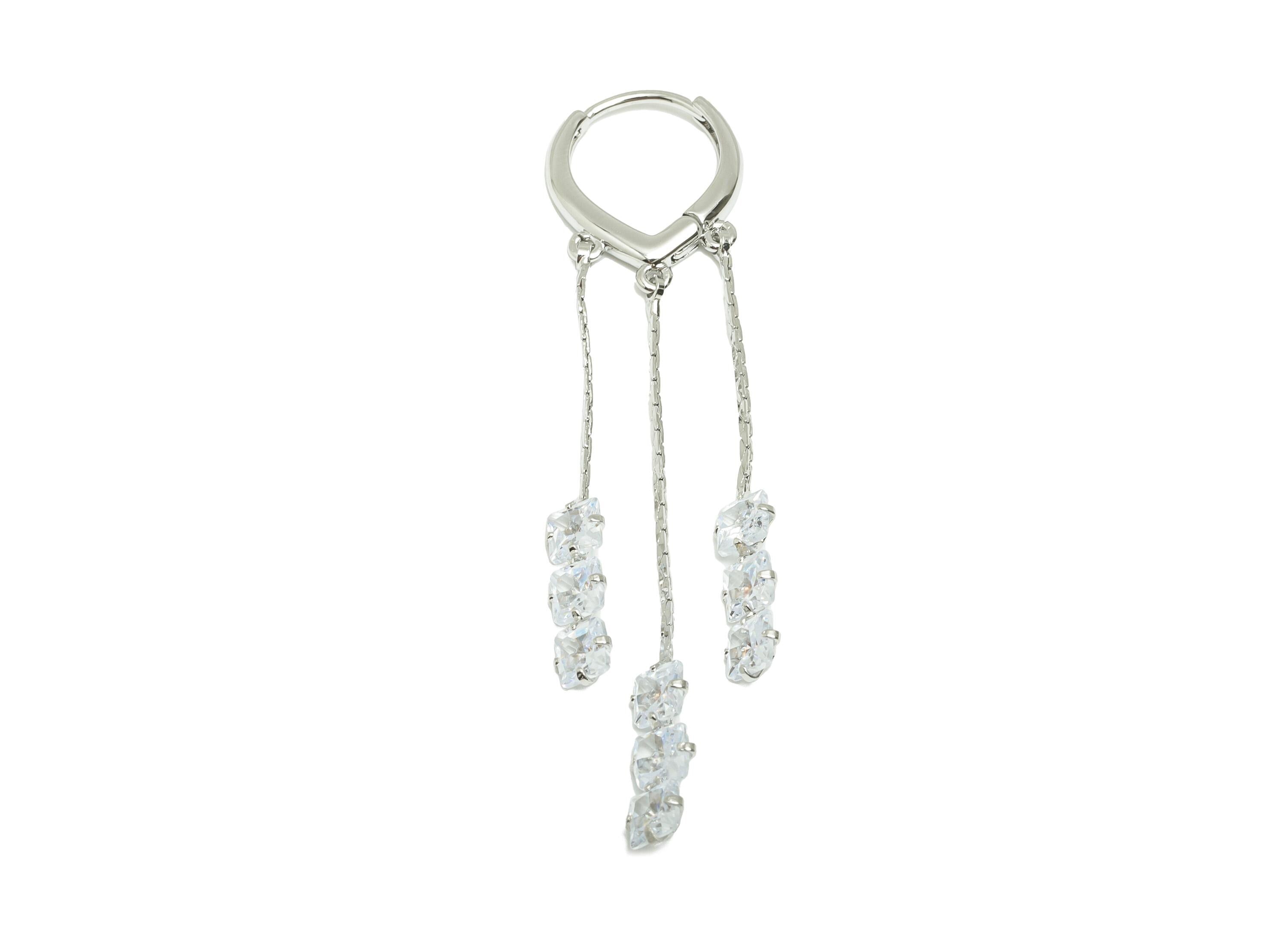 Crystal Dangle Earrings - Brass Zircon Dangle Huggie Earring - Clear Crystal Hanging Hoop - 18k Real White Gold Plated - 62x13x2mm -RGP10237 - DOMEDBAZAAR