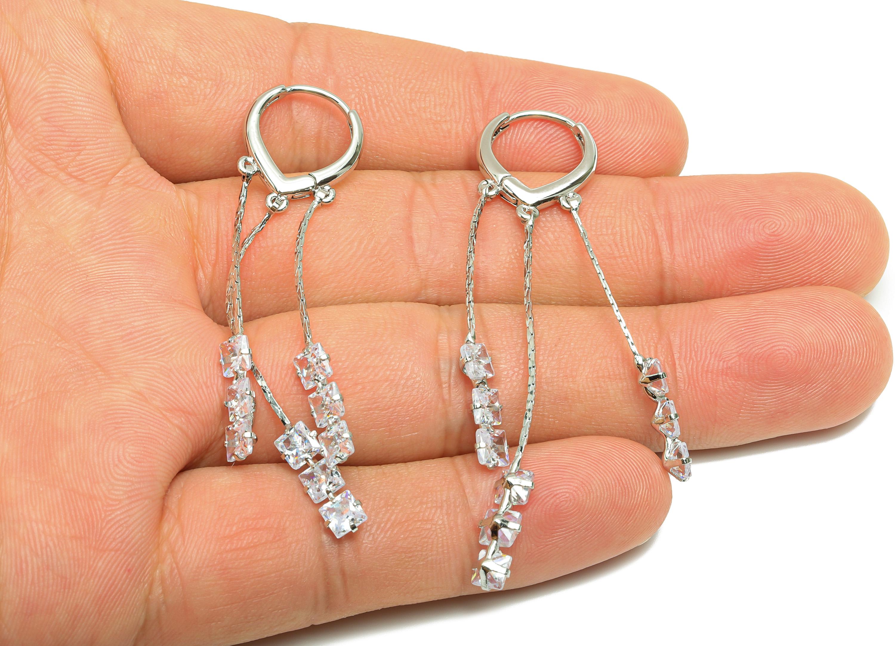 Crystal Dangle Earrings - Brass Zircon Dangle Huggie Earring - Clear Crystal Hanging Hoop - 18k Real White Gold Plated - 62x13x2mm -RGP10237 - DOMEDBAZAAR