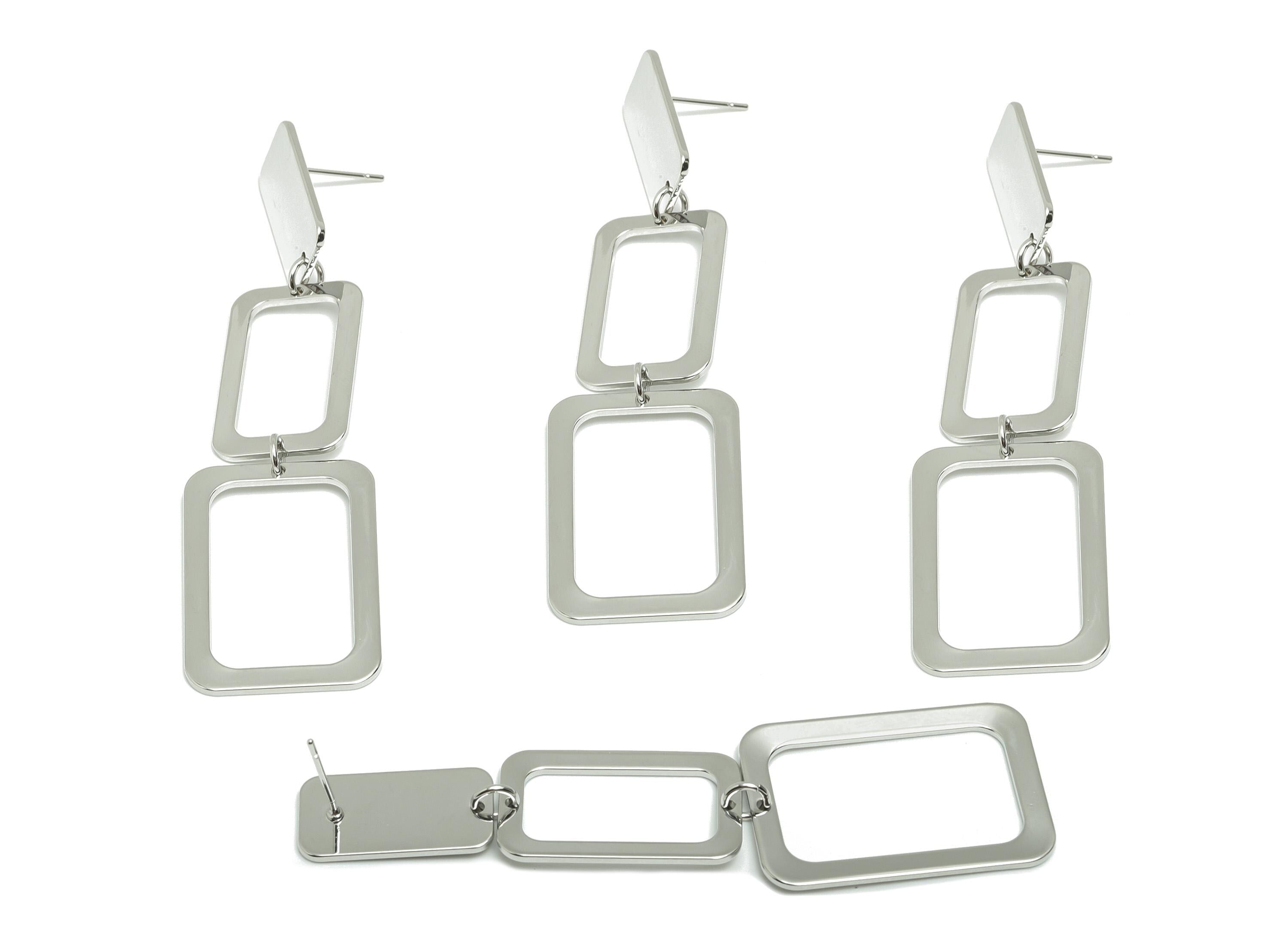 Rectangle Dangle Earring Post - Brass Rectangle Earring Stud -Chic Silver Link Earring - 18k Real White Gold Plating - 78x20x1mm - RGP10241 - DOMEDBAZAAR