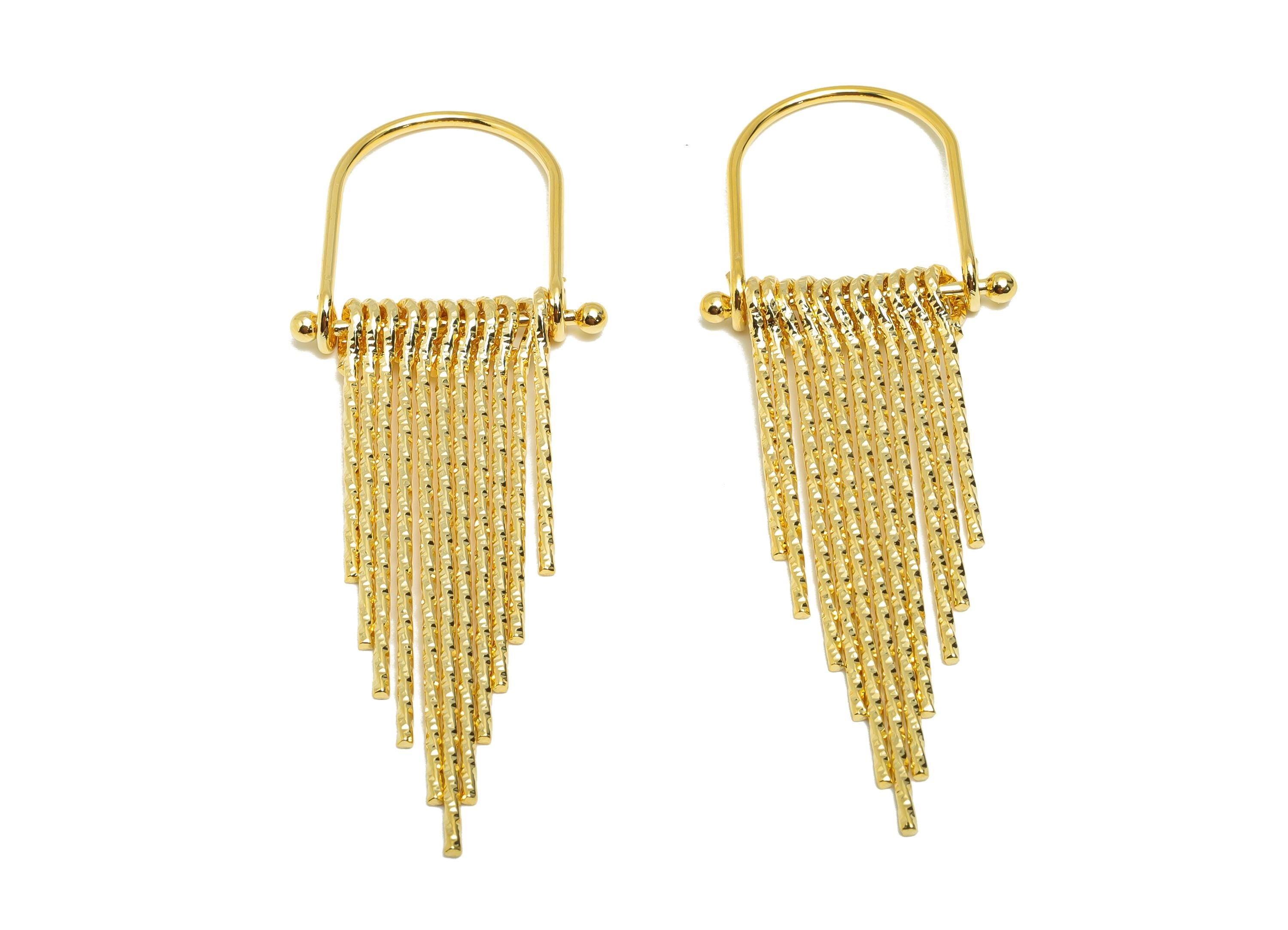 Brass U Frame Fringe Charm - Textured Layered Fringe Charm - Gold Dangle Pendant for Earring - 18K Real Gold Plating - 69x24.7x5.3mm-RGP8919 - DOMEDBAZAAR