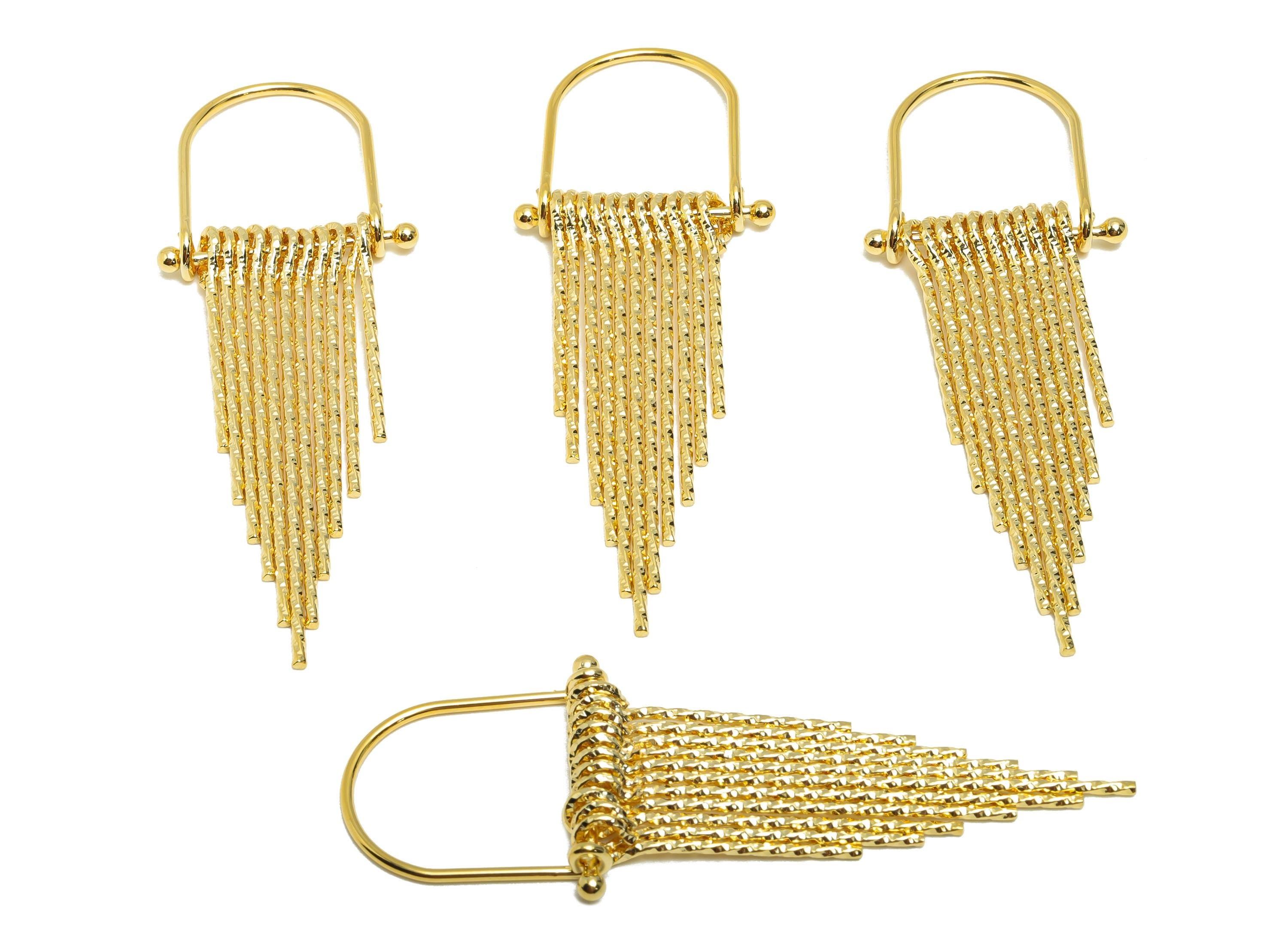 Brass U Frame Fringe Charm - Textured Layered Fringe Charm - Gold Dangle Pendant for Earring - 18K Real Gold Plating - 69x24.7x5.3mm-RGP8919 - DOMEDBAZAAR