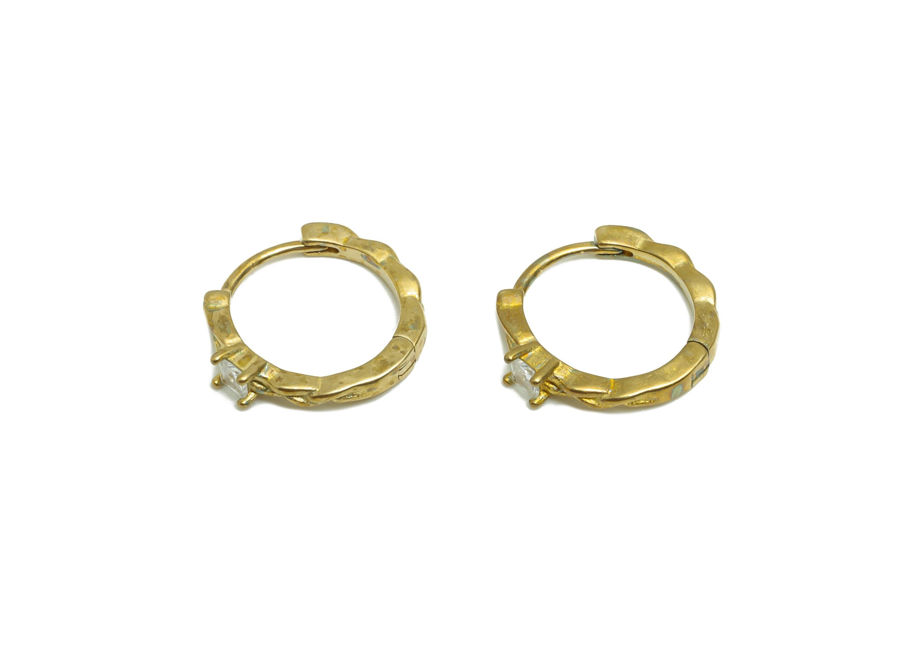 Brass CZ Hoop Earring - Raw Brass Cubic Zircon Huggie Earring - Vintage Gold Ring with Diamond and Organic Wave - 13.5x12x2.78mm - PP10951 - DOMEDBAZAAR