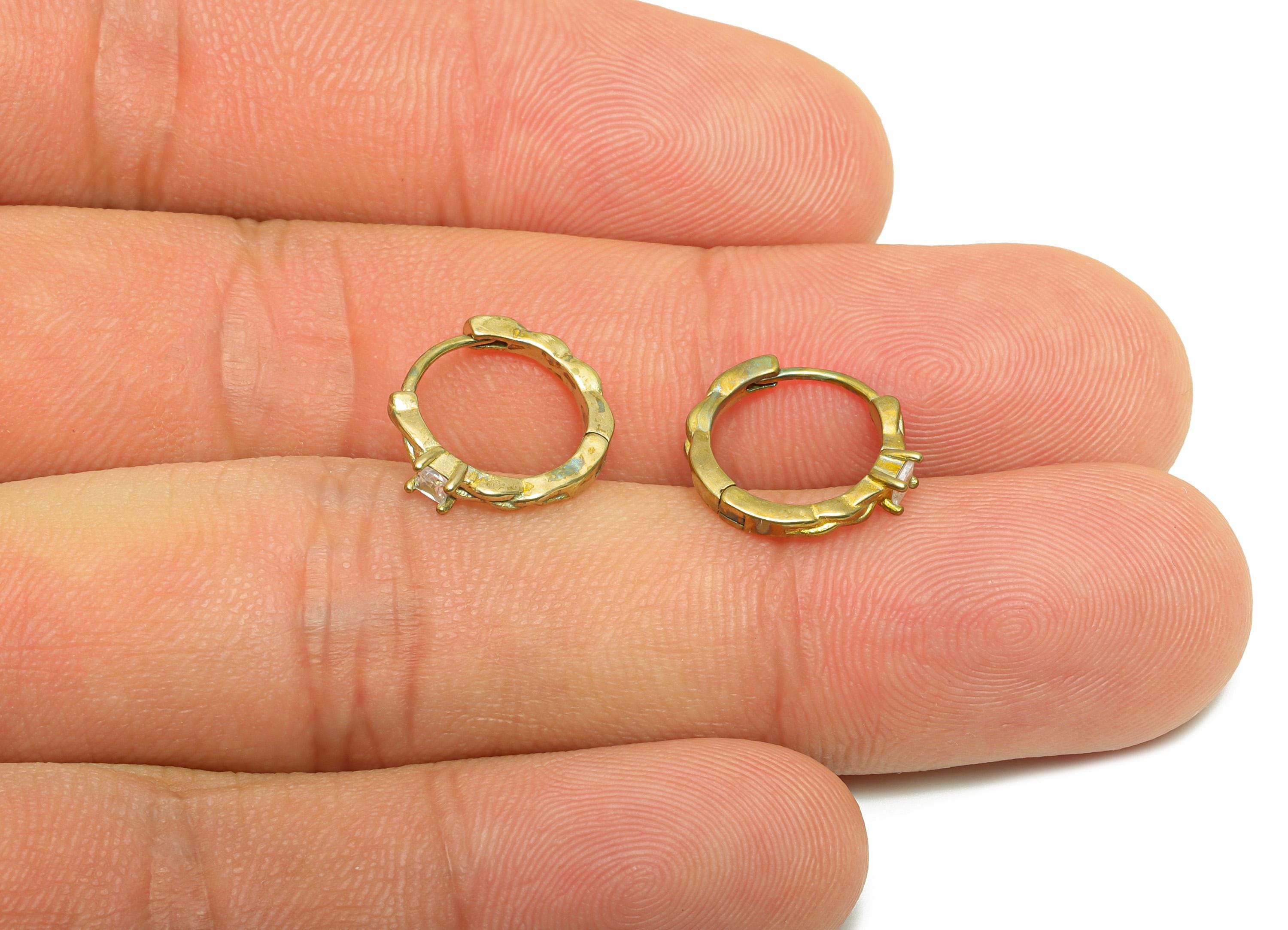 Brass CZ Hoop Earring - Raw Brass Cubic Zircon Huggie Earring - Vintage Gold Ring with Diamond and Organic Wave - 13.5x12x2.78mm - PP10951 - DOMEDBAZAAR