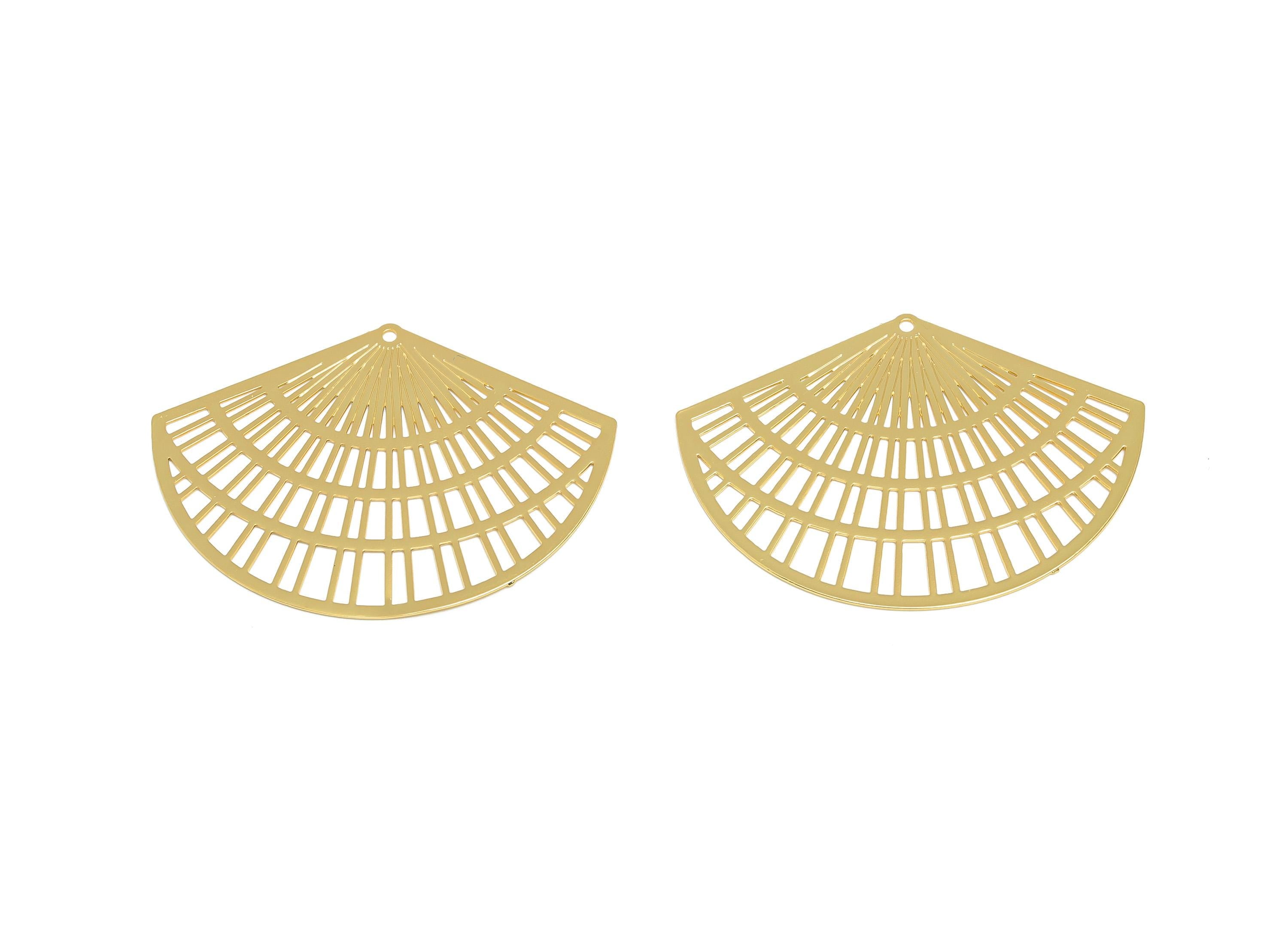 Brass Intricate Earring Charm - Brass Gold Fan pendant - Gold Accessory - Modern Fan Design - KC Gold tone Plated - 40x30x1mm - PP10955G - DOMEDBAZAAR