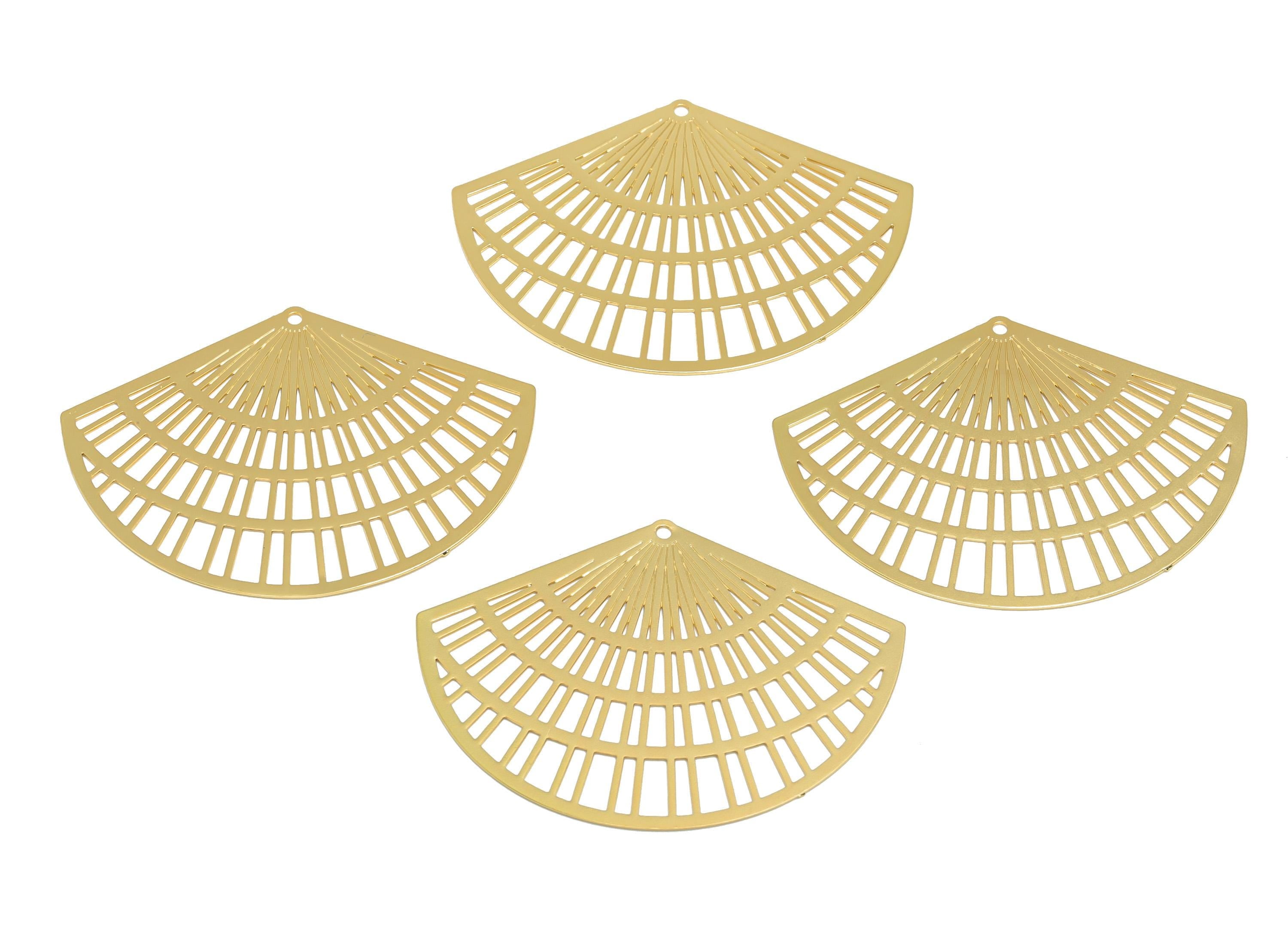 Brass Intricate Earring Charm - Brass Gold Fan pendant - Gold Accessory - Modern Fan Design - KC Gold tone Plated - 40x30x1mm - PP10955G - DOMEDBAZAAR