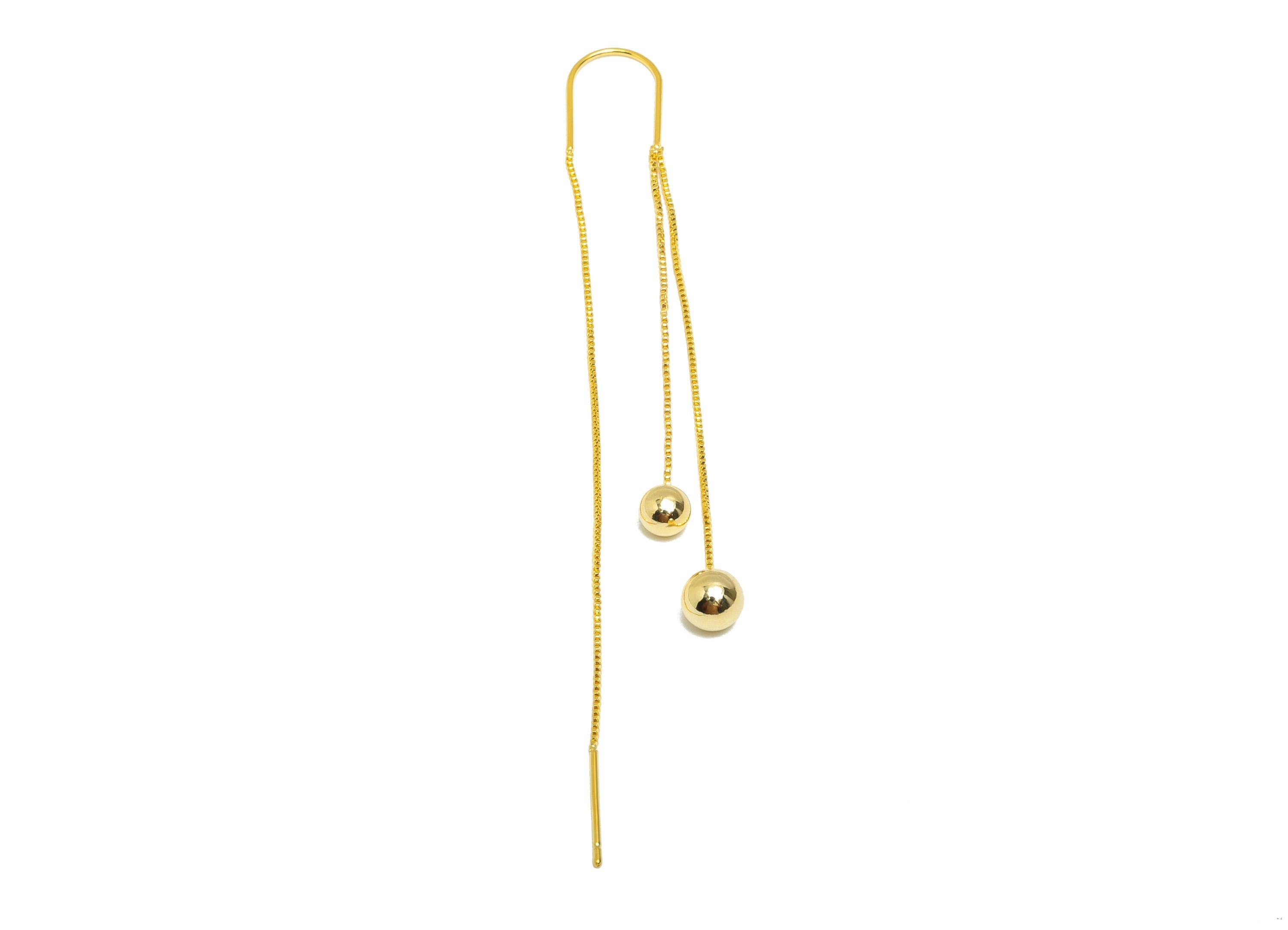 Brass Tassel Ear Wire - Brass Chain Threader Earrings with Double Beads - Dangle Ear Wire - 18K Real Gold Plating - 90x10x5.7mm - RGP10238 - DOMEDBAZAAR