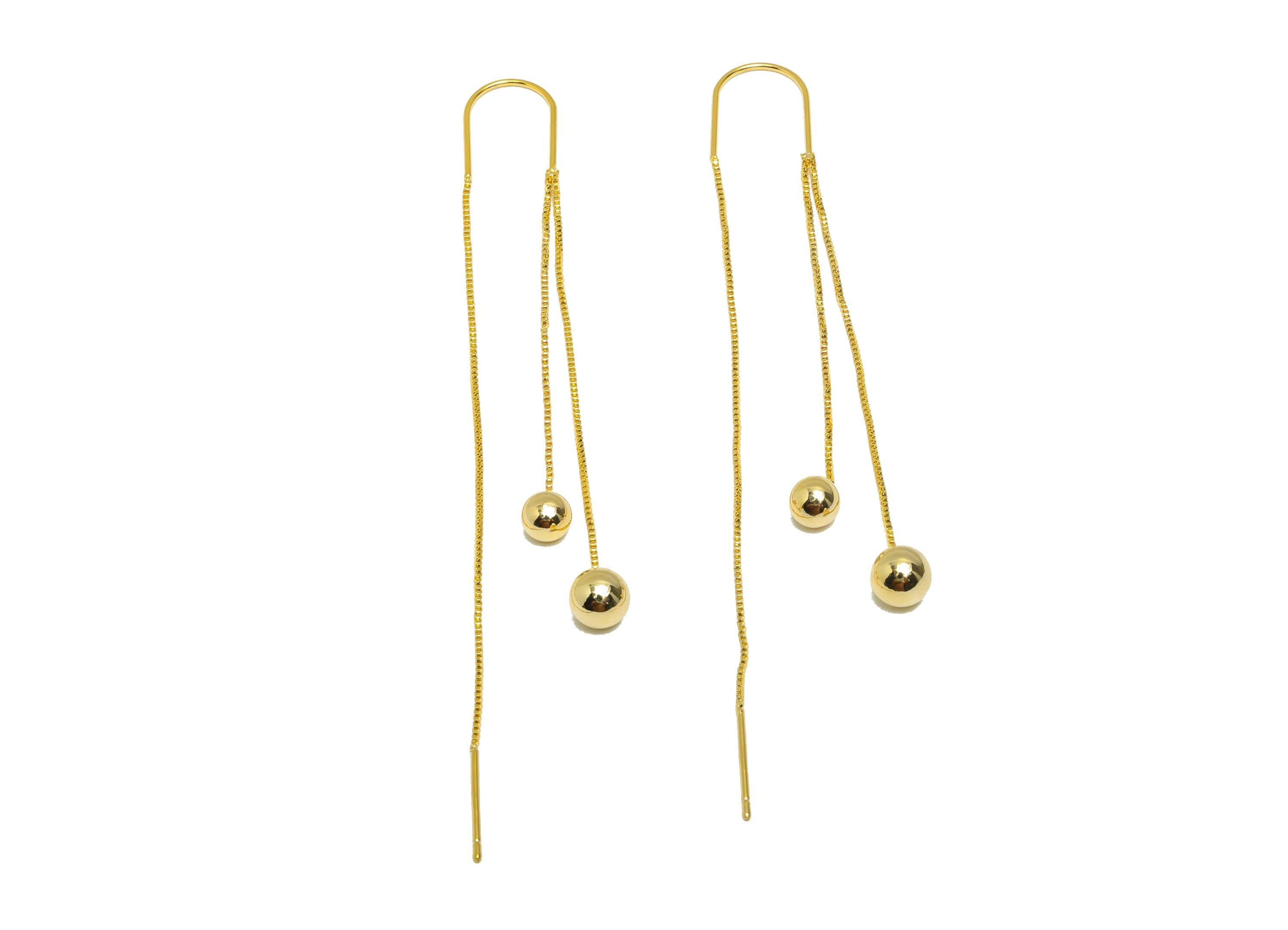 Brass Tassel Ear Wire - Brass Chain Threader Earrings with Double Beads - Dangle Ear Wire - 18K Real Gold Plating - 90x10x5.7mm - RGP10238 - DOMEDBAZAAR