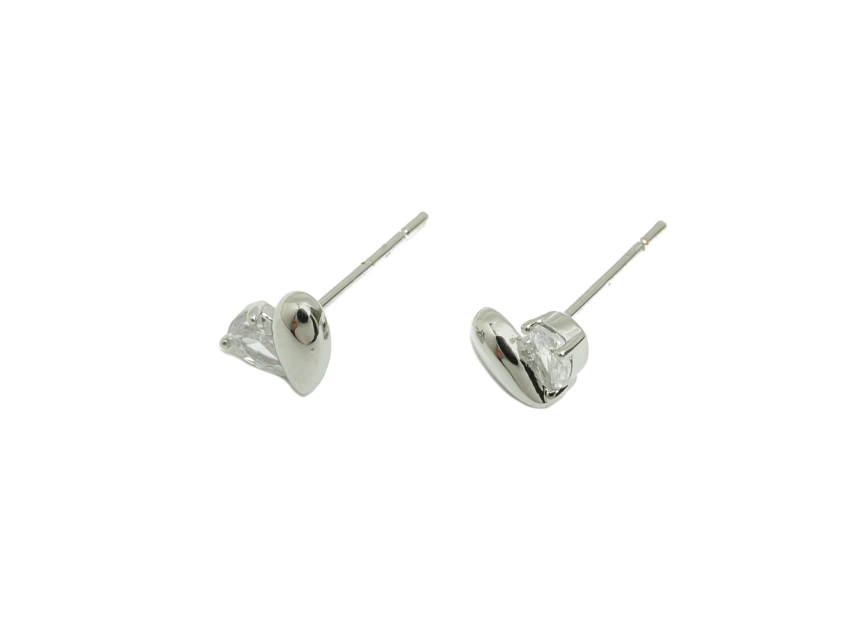 Brass CZ Heart Earring - Brass Cubic Zircon Earring Post - Teardrop Stud Earring Gemstone - 18K Real White Gold Plating - 7x5x3mm - RGP10251 - DOMEDBAZAAR