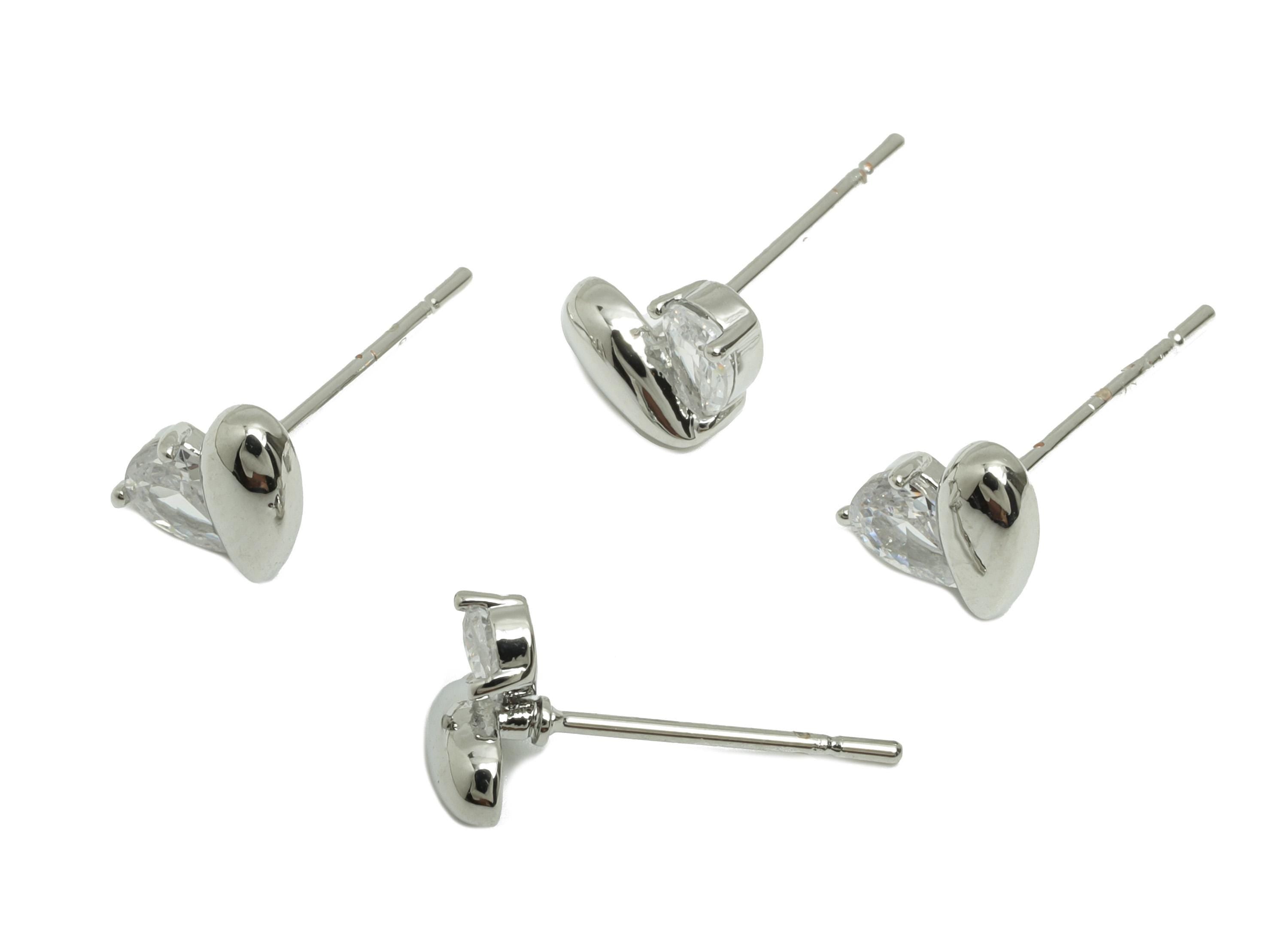 Brass CZ Heart Earring - Brass Cubic Zircon Earring Post - Teardrop Stud Earring Gemstone - 18K Real White Gold Plating - 7x5x3mm - RGP10251 - DOMEDBAZAAR