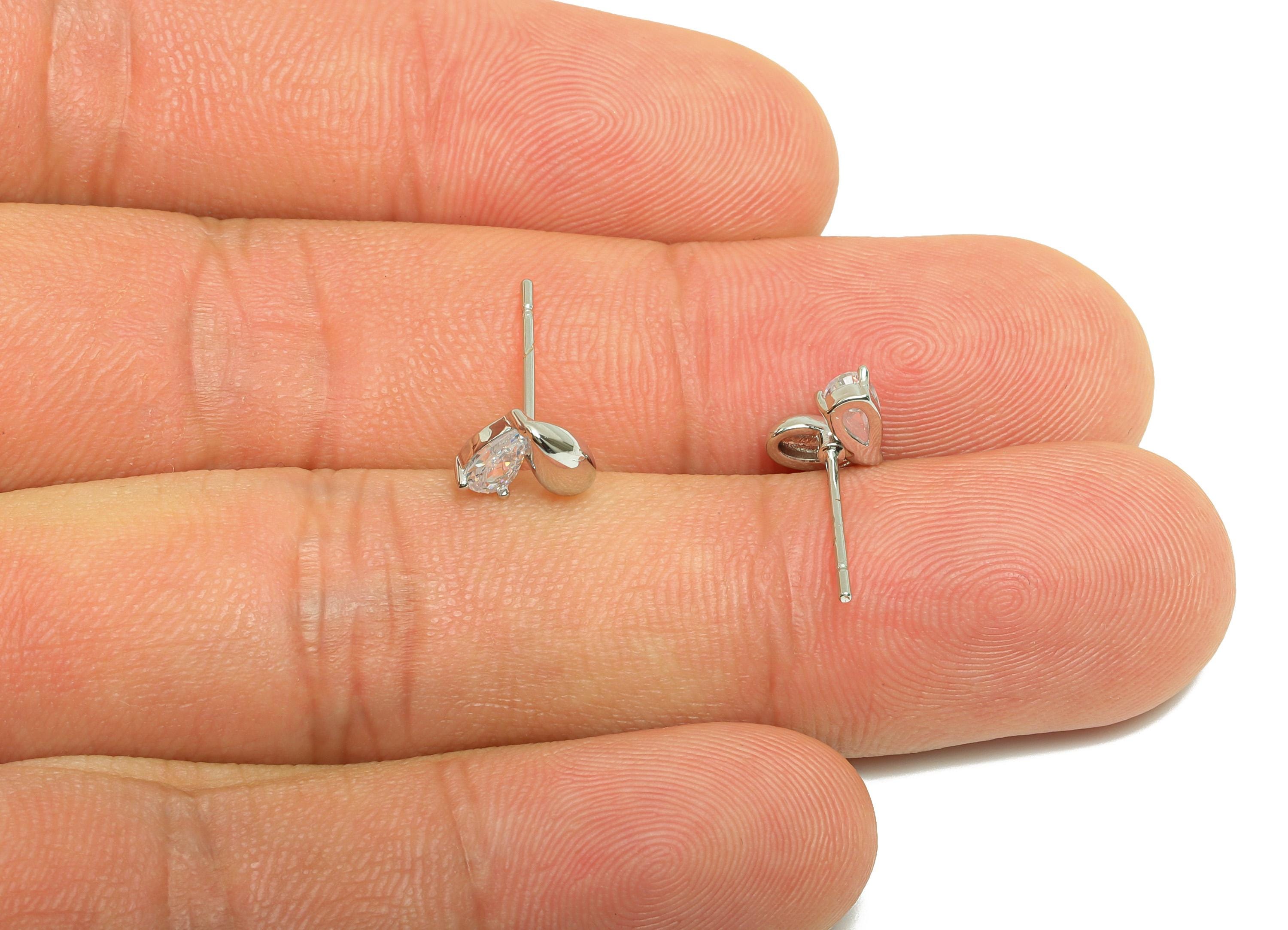 Brass CZ Heart Earring - Brass Cubic Zircon Earring Post - Teardrop Stud Earring Gemstone - 18K Real White Gold Plating - 7x5x3mm - RGP10251 - DOMEDBAZAAR