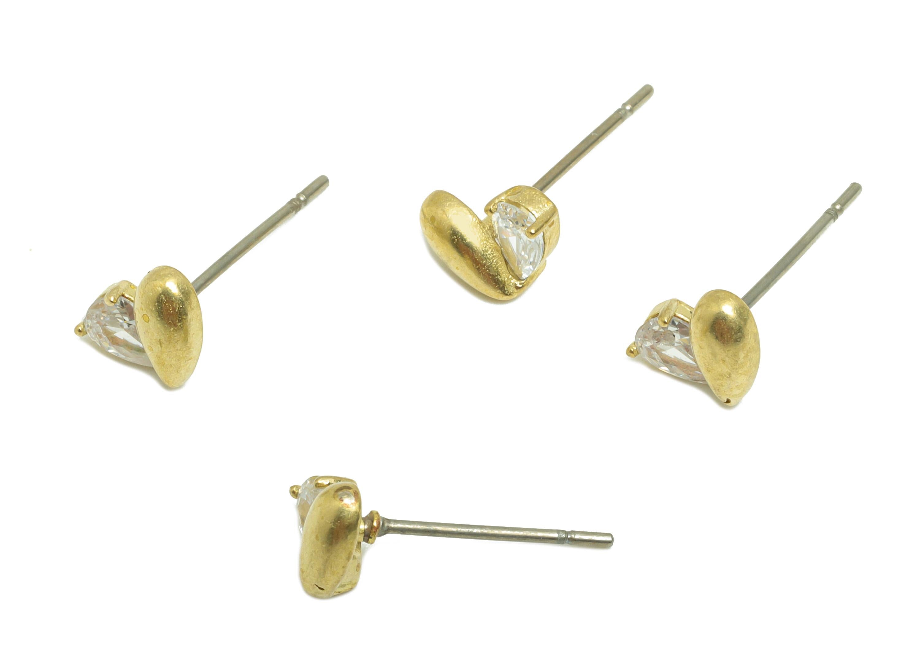 Brass CZ Heart Earring - Brass Cubic Zircon Earring Post - Gold Teardrop Stud Earring Gemstone - Crystal Earring Stud - 7x5x3mm - PP10954 - DOMEDBAZAAR