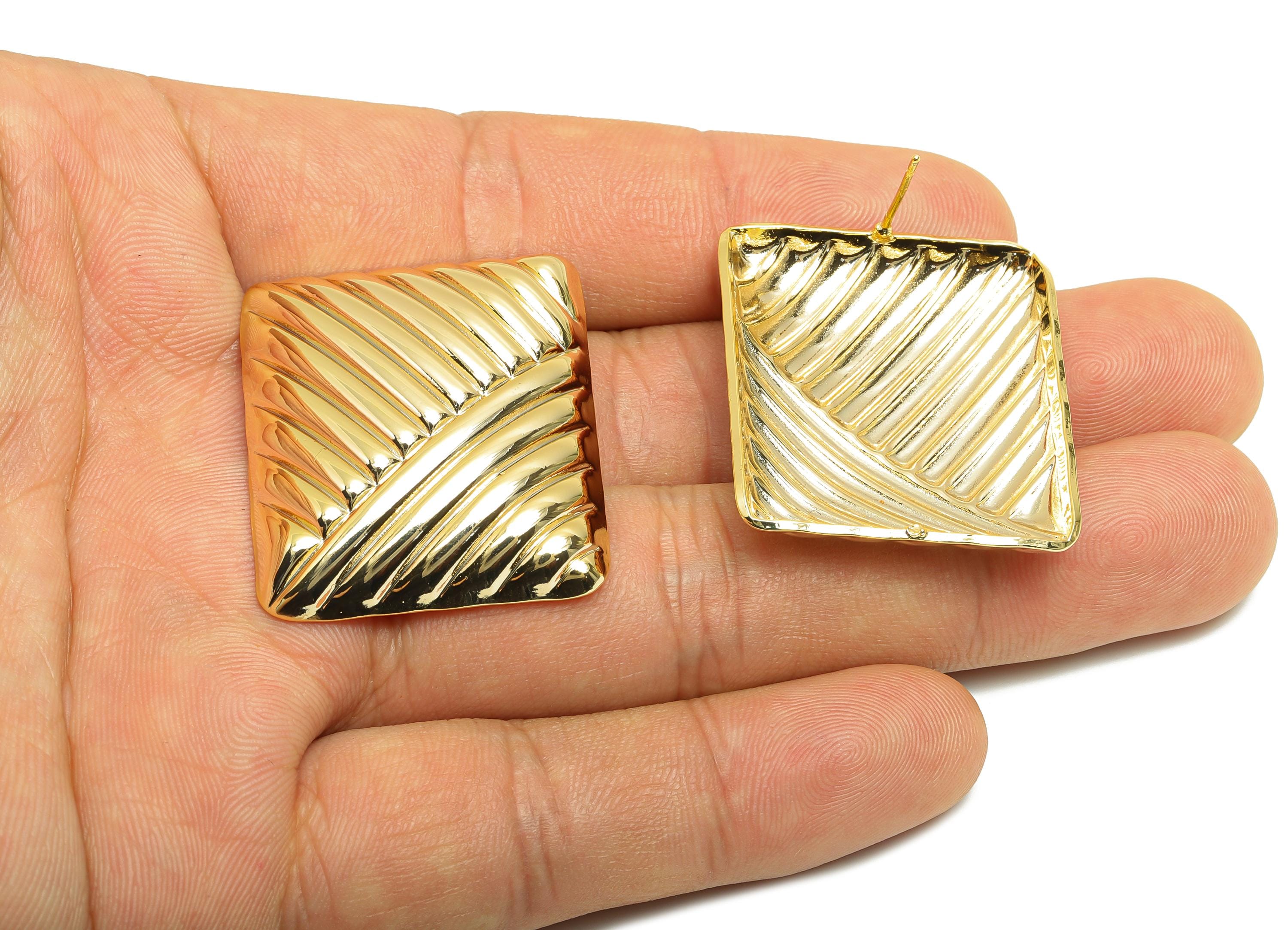 Shiny Finish Square Earring - Brass Bold Geometry Earring - Gold Textured Wave Earring - Vintage-Inspired Rippled Stud - 33x28x6mm -RGP10086 - DOMEDBAZAAR
