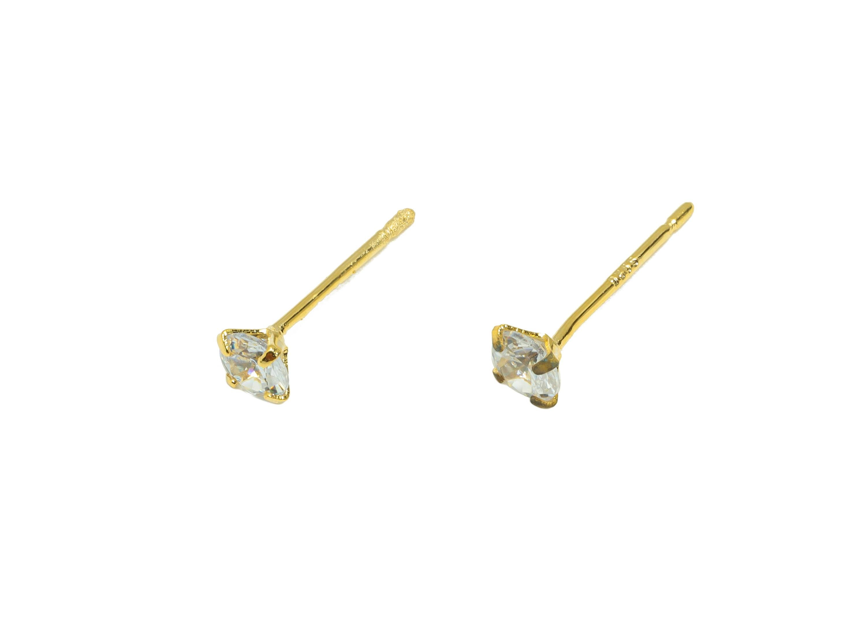 Brass Cut Diamond Earring - Gold Tiny Minimalist Ear Post with 4mm Zircon - Prong Setting Ear - 18K Real Gold Plated-14.6x4x2.9mm- RGP8939-4 - DOMEDBAZAAR