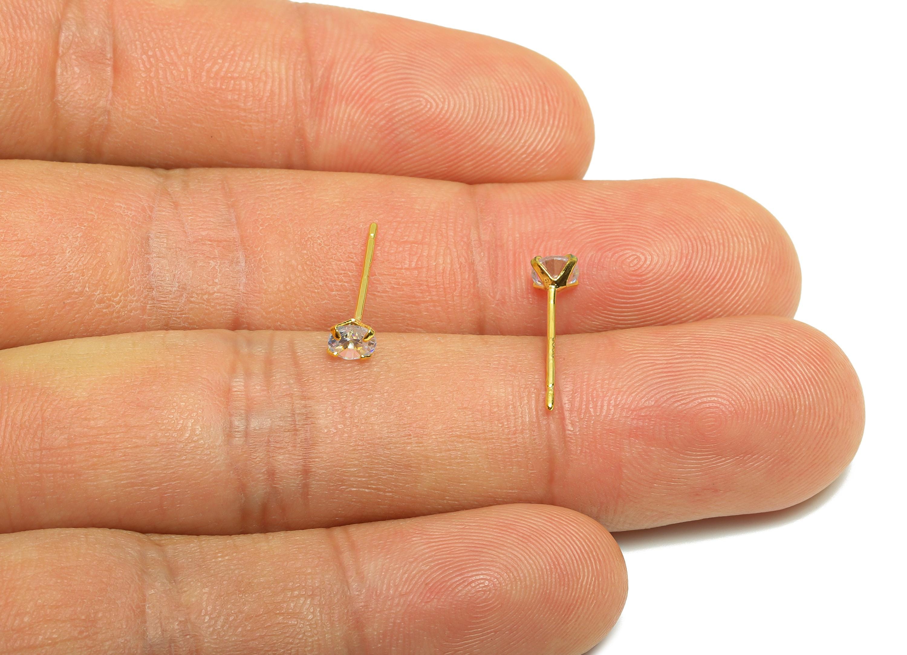 Brass Cut Diamond Earring - Gold Tiny Minimalist Ear Post with 4mm Zircon - Prong Setting Ear - 18K Real Gold Plated-14.6x4x2.9mm- RGP8939-4 - DOMEDBAZAAR