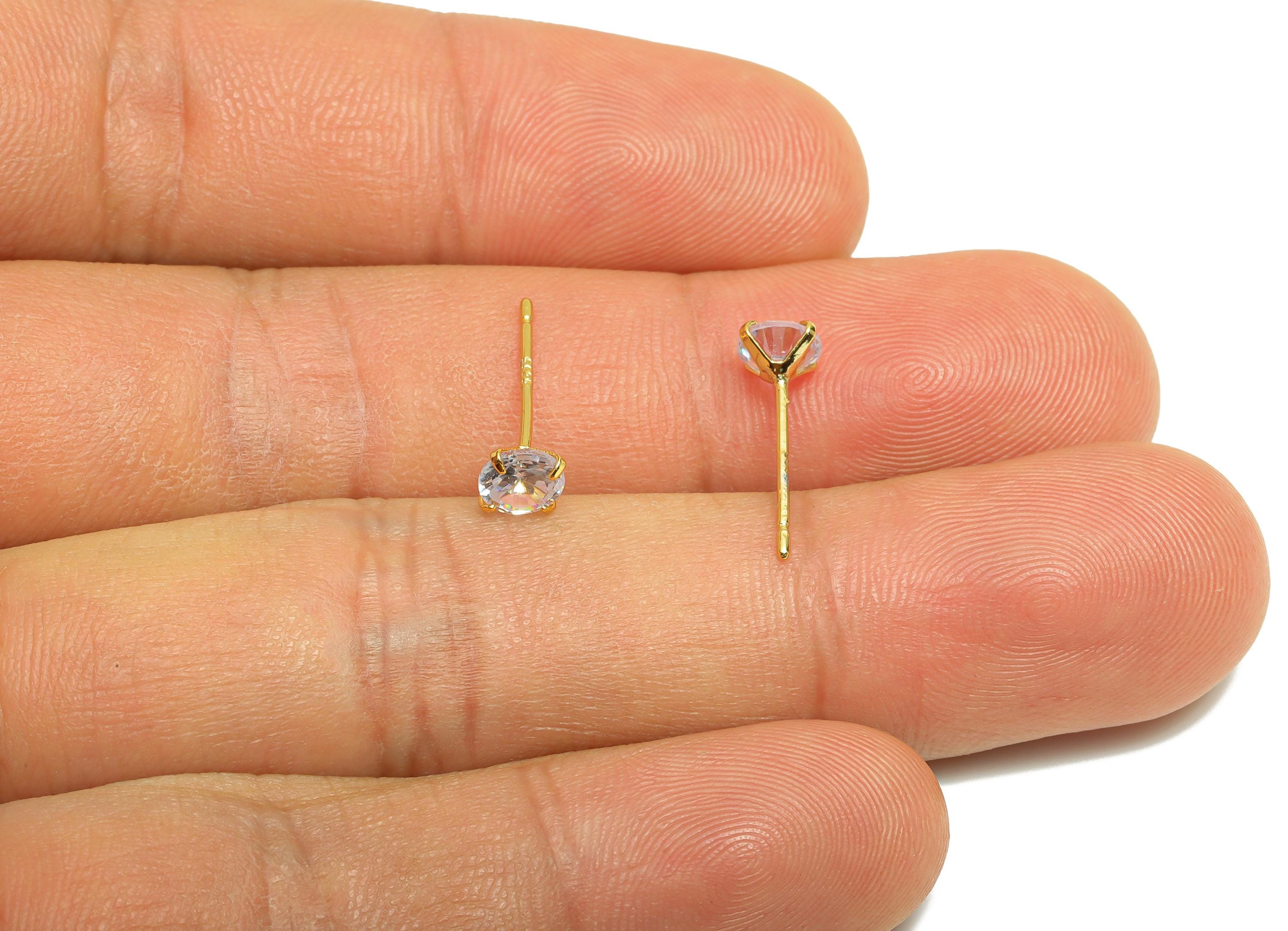 Brass Cut Diamond Earring - Gold Tiny Minimalist Ear Post with 5mm Zircon - Prong Setting Ear - 18K Real Gold Plated-15.2x5x3.4mm- RGP8939-5 - DOMEDBAZAAR