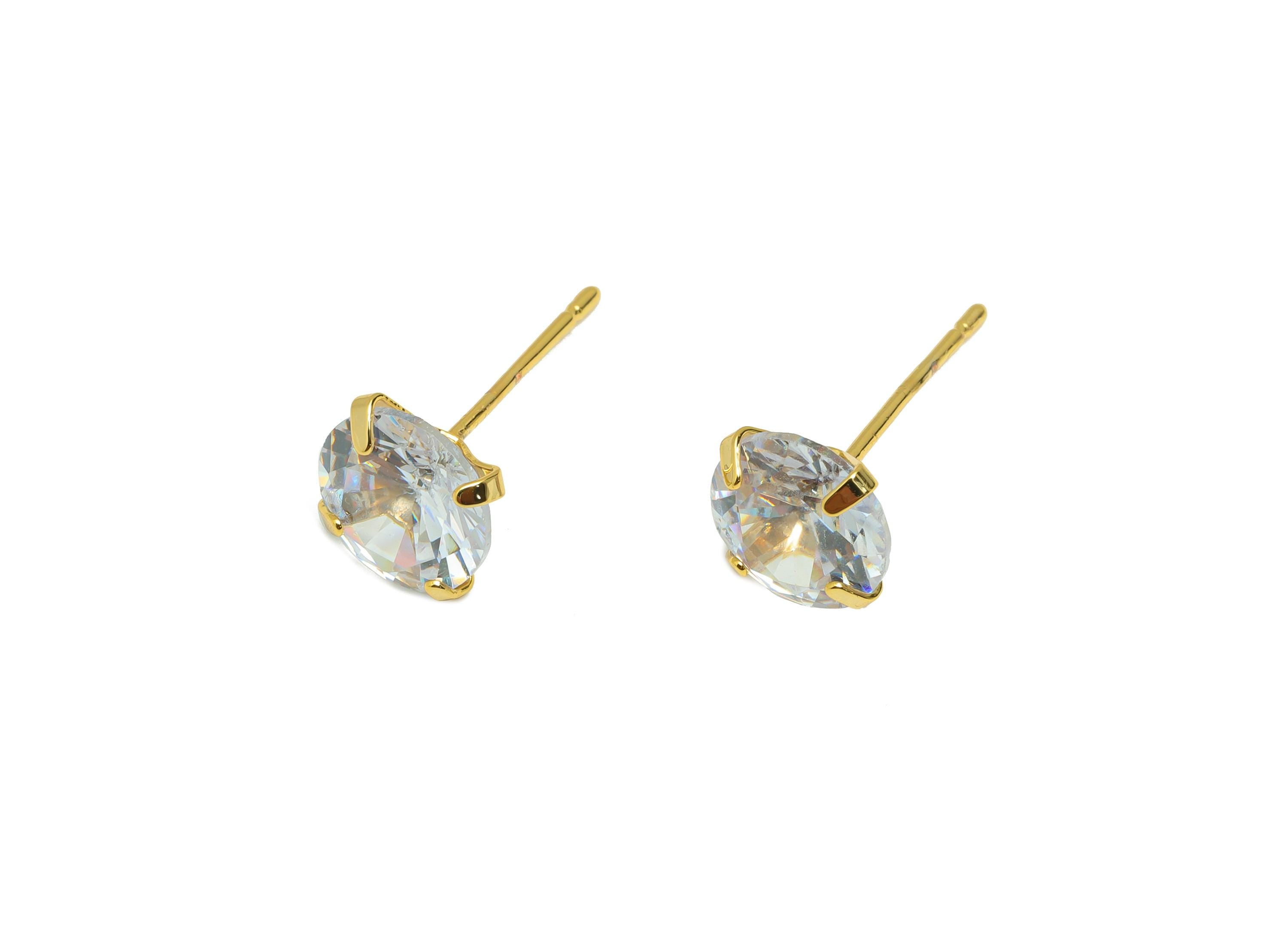 Brass Cut Diamond Earring - Gold Minimalist Ear Post with 8mm Zircon - Prong Setting Earring - 18K Real Gold Plated - 17x8x5.3mm - RGP8939-8 - DOMEDBAZAAR