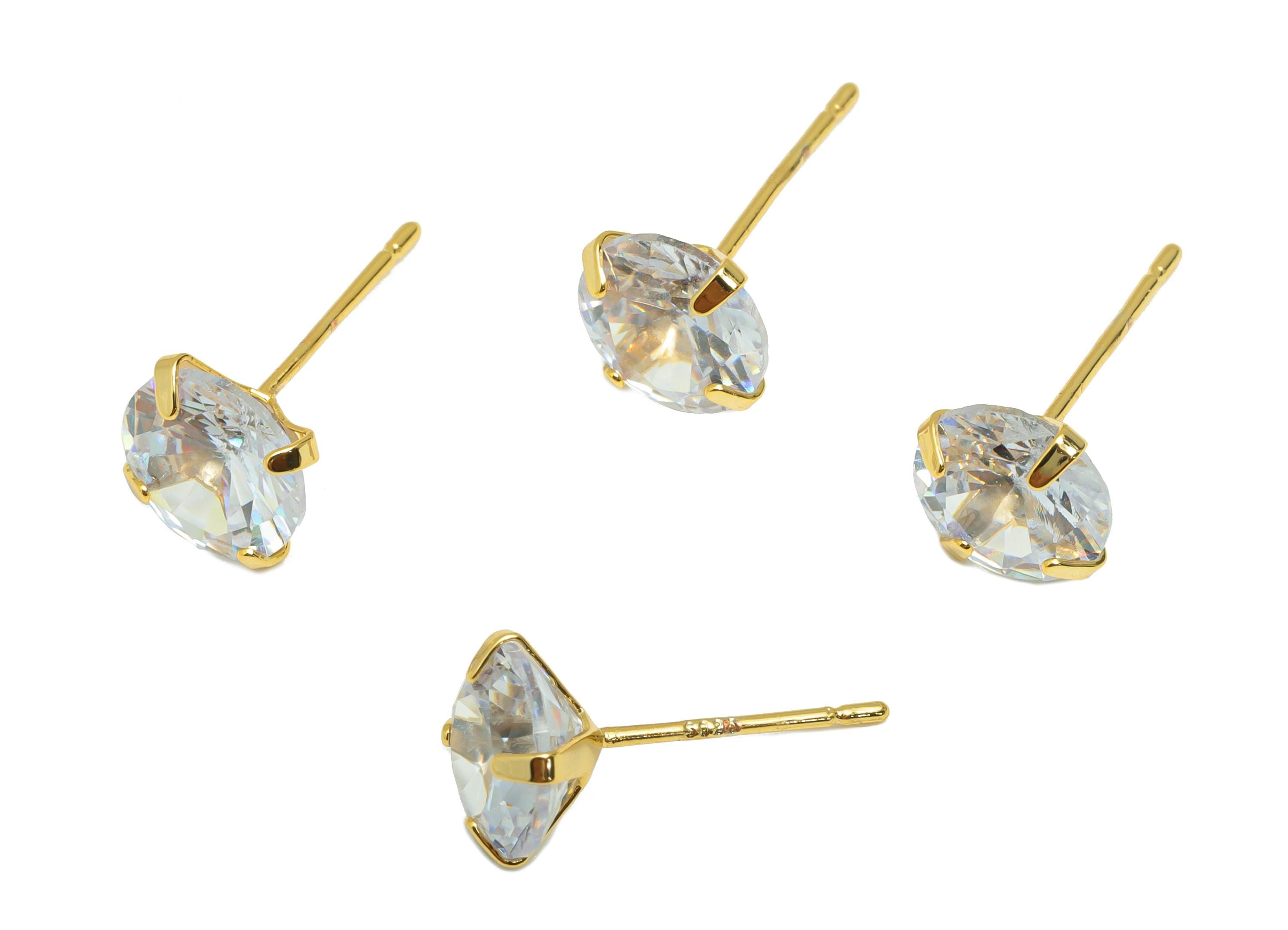 Brass Cut Diamond Earring - Gold Minimalist Ear Post with 8mm Zircon - Prong Setting Earring - 18K Real Gold Plated - 17x8x5.3mm - RGP8939-8 - DOMEDBAZAAR