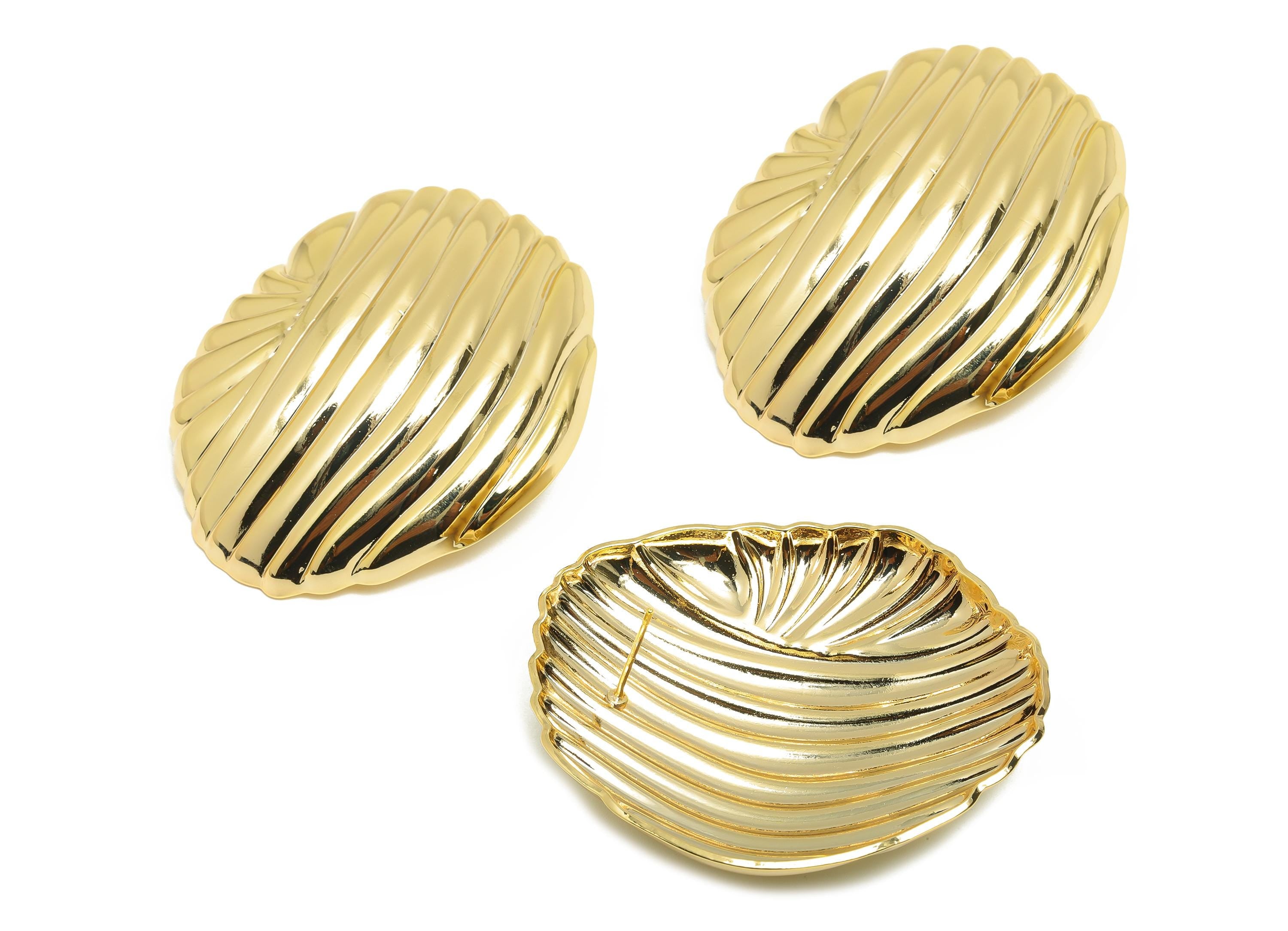 Brass Shell Earring - Brass Textured Bold Shell Earring - Gold Textured Wave Earring - Vintage-Inspired Rippled Stud - 49x41x8mm - RGP10079 - DOMEDBAZAAR