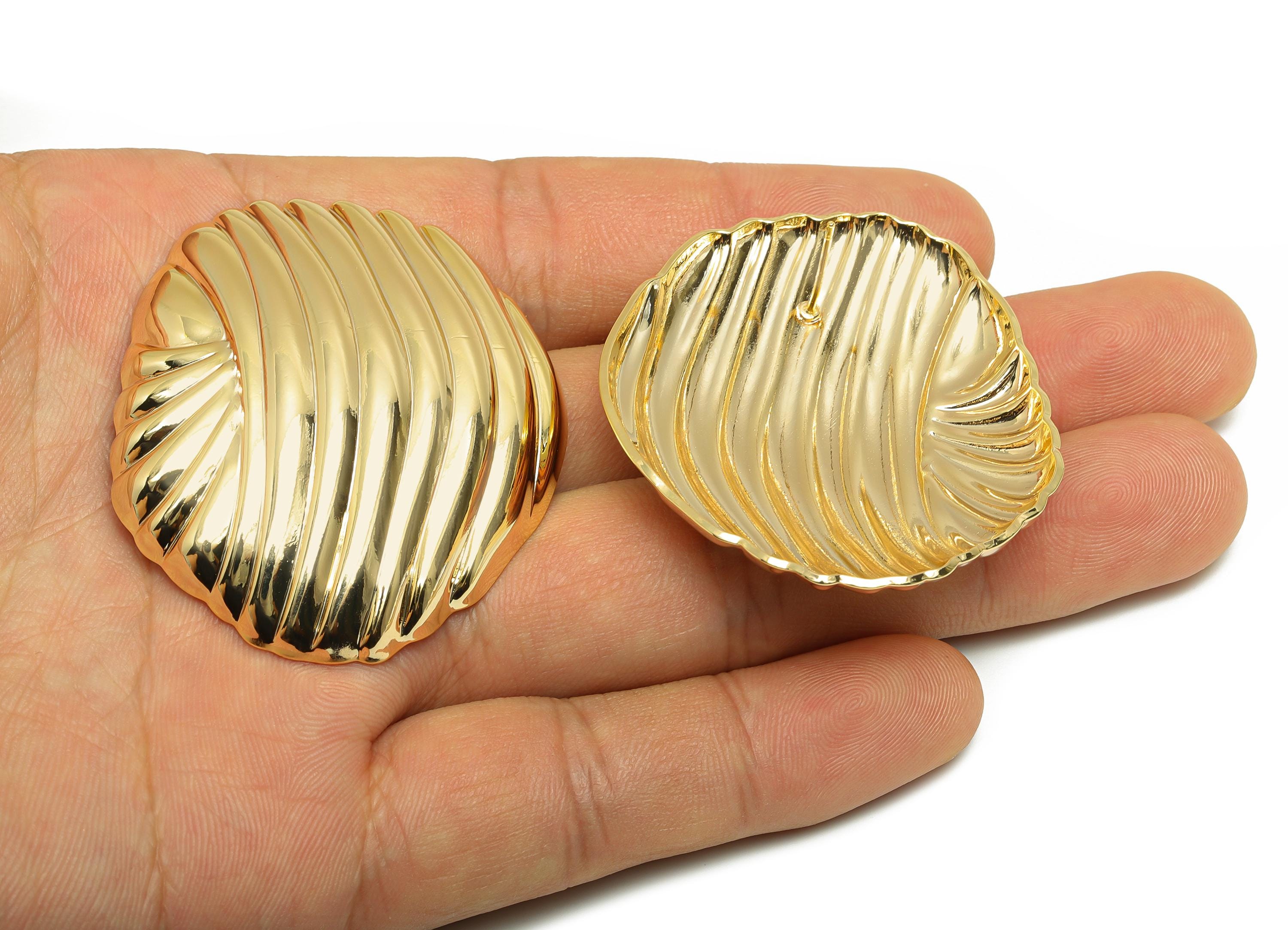 Brass Shell Earring - Brass Textured Bold Shell Earring - Gold Textured Wave Earring - Vintage-Inspired Rippled Stud - 49x41x8mm - RGP10079 - DOMEDBAZAAR