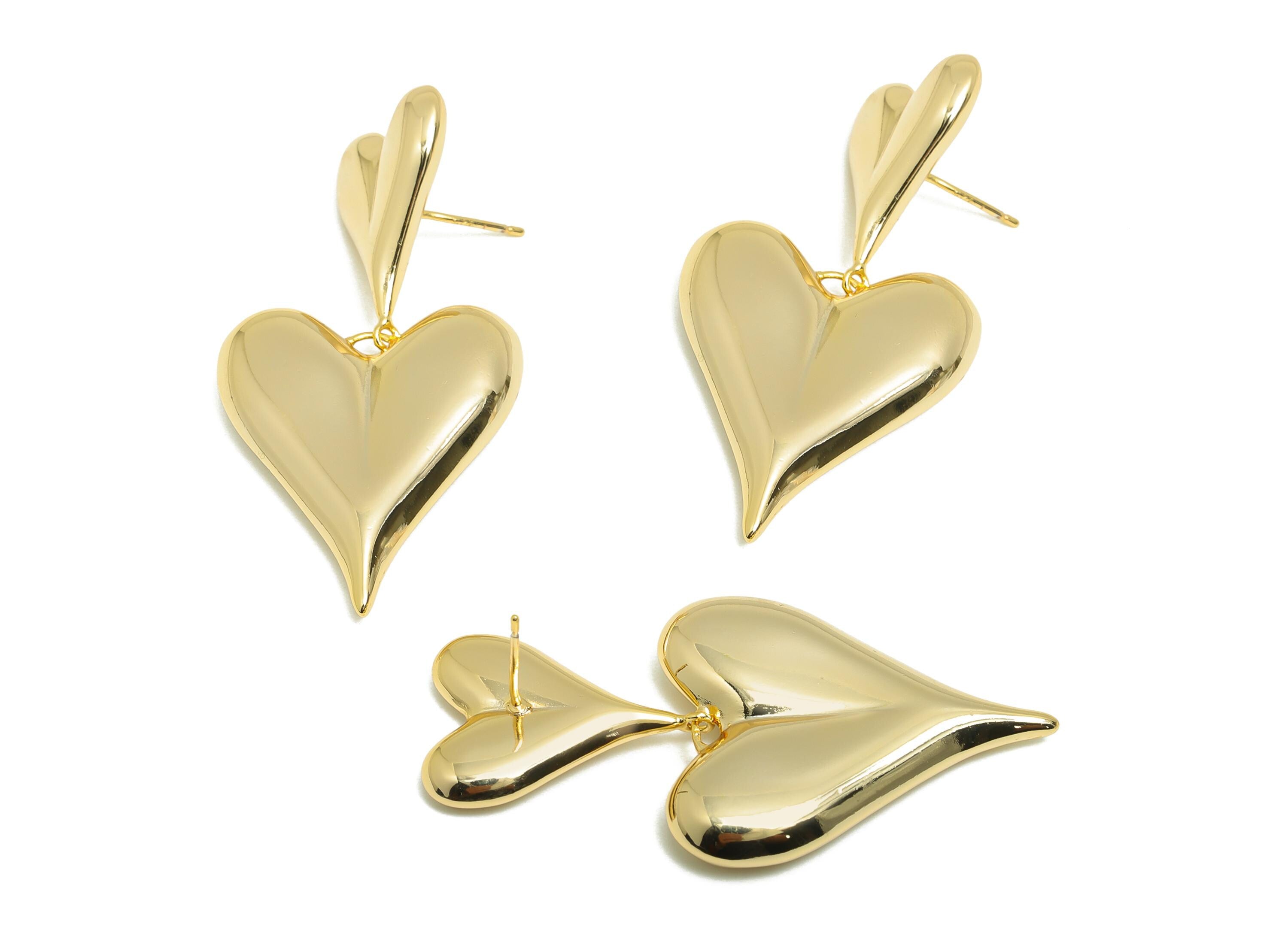 Dangle Heart Stud Earring - Chic Brass Bold Double Heart Dangle Earring - Trendy Earring Post - Artistic Earring - 49x25x6mm - RGP10108 - DOMEDBAZAAR