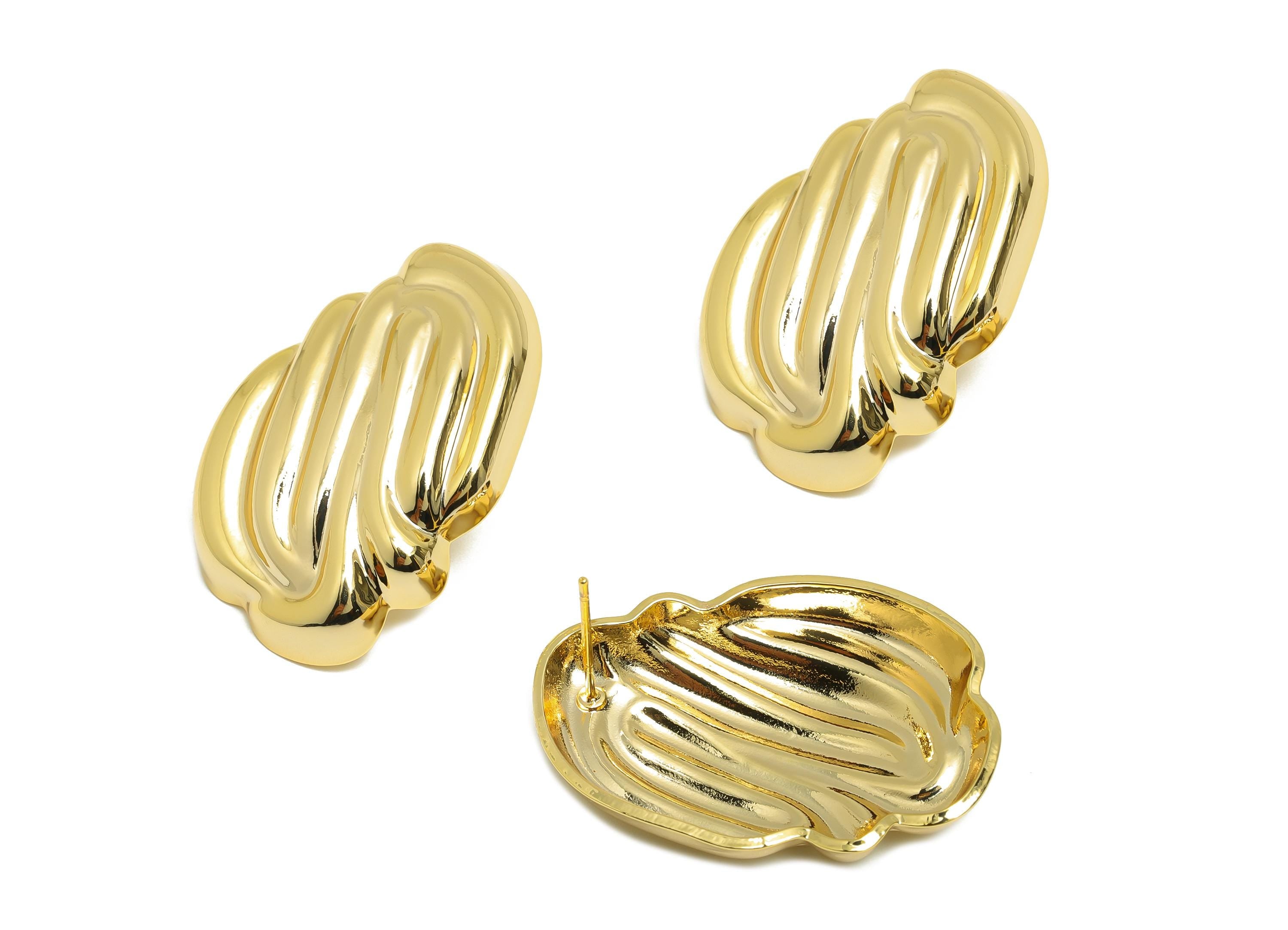 Bold Textured Earring - Brass Abstract Sculpted Earring - Elegant Rippled Earring - Unique Earring Post - Gold Jewelry - 33x24x6mm-RGP10043 - DOMEDBAZAAR