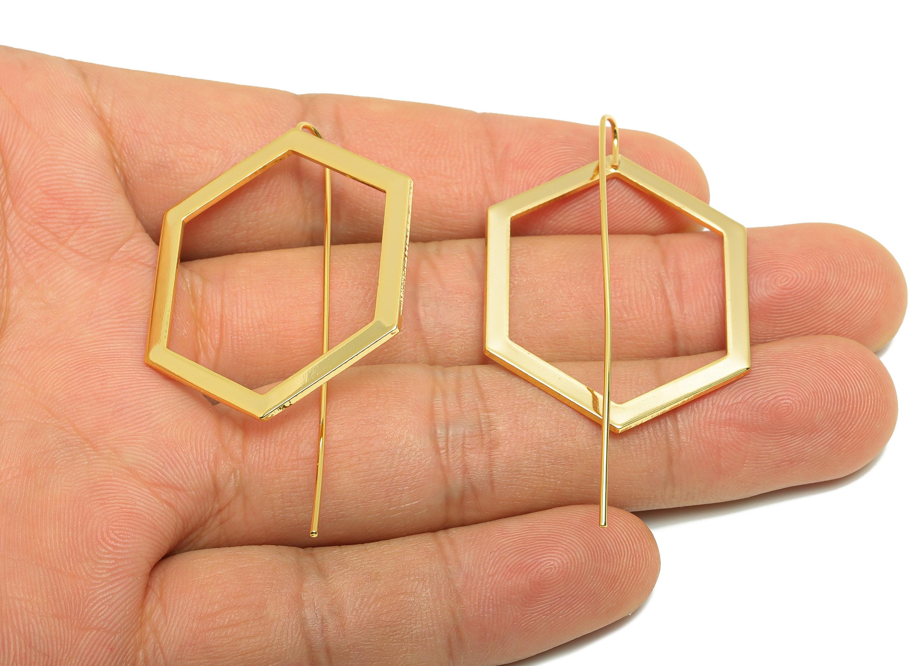 Brass Hexagon Earring - Gold Minimalist Earring Wire for Woman's - Geometry Hexagon Ear Wire - 18K Real Gold Plating - 56x29x1mm - RGP8953 - DOMEDBAZAAR