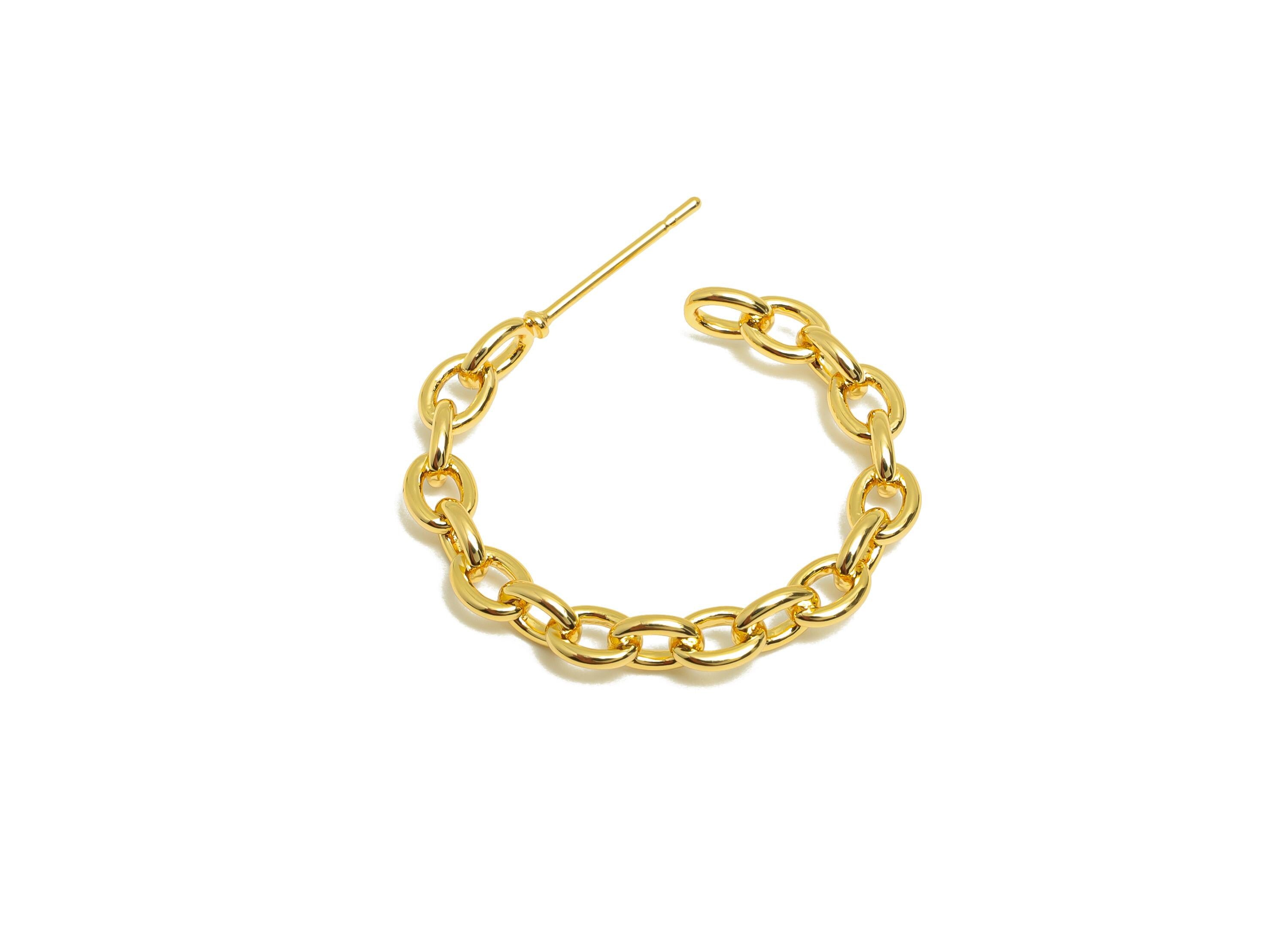 Brass Circle Chain Earring - Gold Cube Chain Earring Post - C Hoop Daily Wear Earring Stud - 18K Real Gold Plated -27.71x3.94x0.99mm-RGP8955 - DOMEDBAZAAR