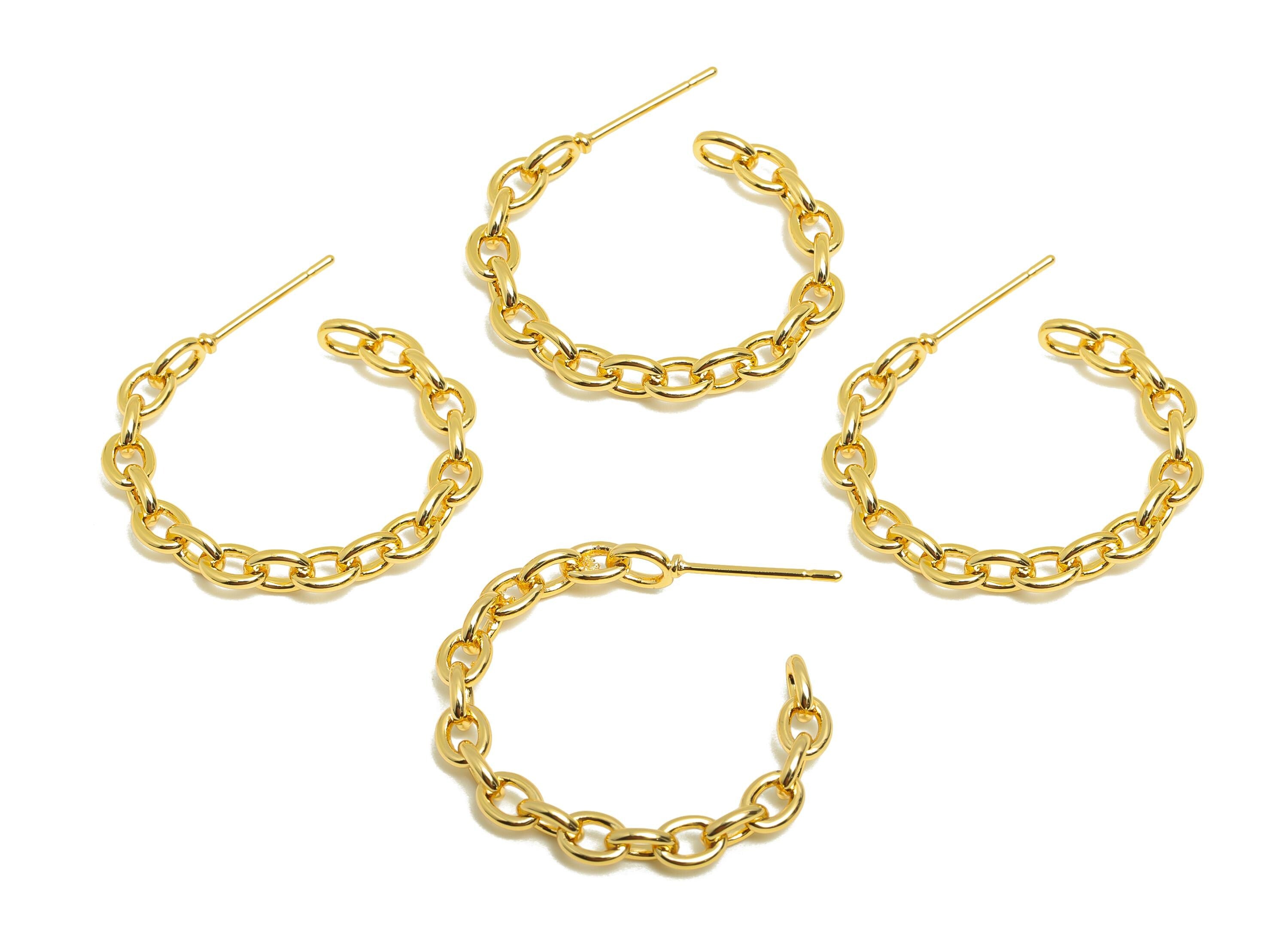 Brass Circle Chain Earring - Gold Cube Chain Earring Post - C Hoop Daily Wear Earring Stud - 18K Real Gold Plated -27.71x3.94x0.99mm-RGP8955 - DOMEDBAZAAR